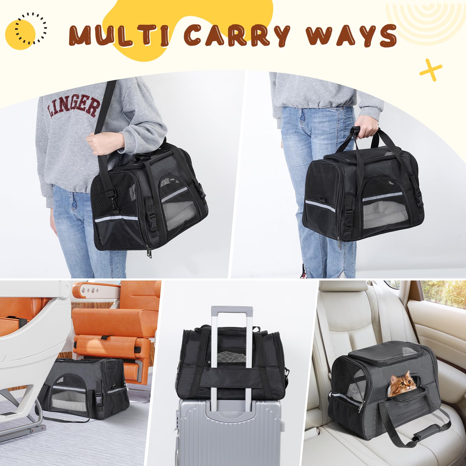 Romon Transportín Gato Perro, Transportin Pequeño Cat Carrier, Bolsa Transporte Transpirable para Mascotas con Colchón Suave, Plegable Bolso Gatos Cachorros Gatitos de 6Kg, 17.3x11x9.8 Inch, Negro