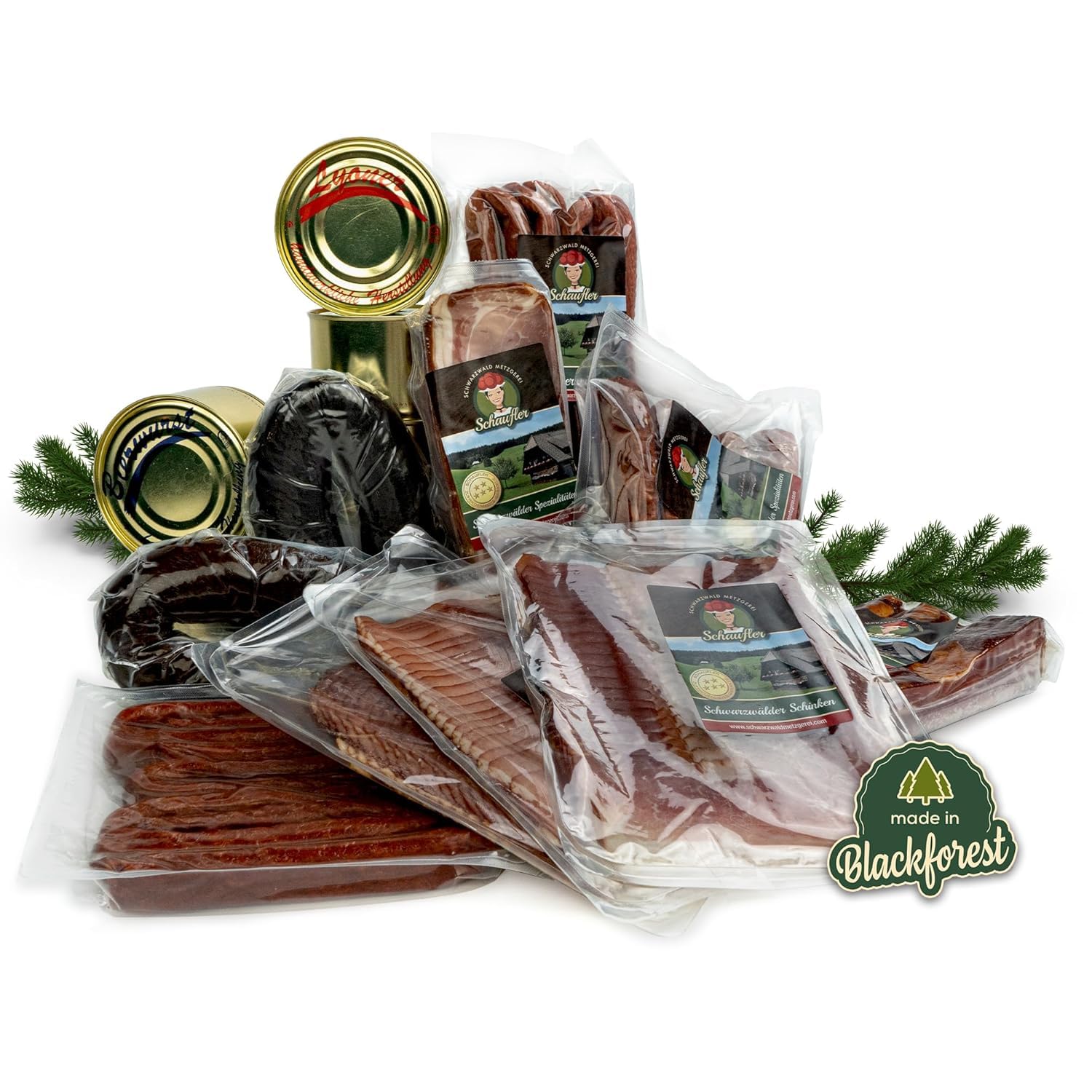 Schwarzwald Maxi Spar XXL Sortiment - 12-teiliges Set mit Dosenwurst, Bauernwurst, Schinken, Landjäger, scharfe Wurst - Paket für den Vorratsraum