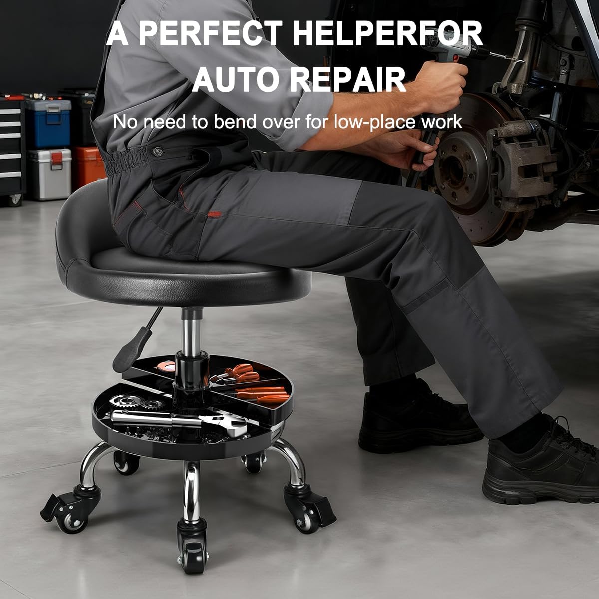 JOSTZHXIN Garage Mechanic Stool Chair Rolling Shop Chair, Height Adjustable Garage Shop Seat, Low Stools with Storage Tray, Rolling Stool for Salon SPA Tattoo (Style 2)