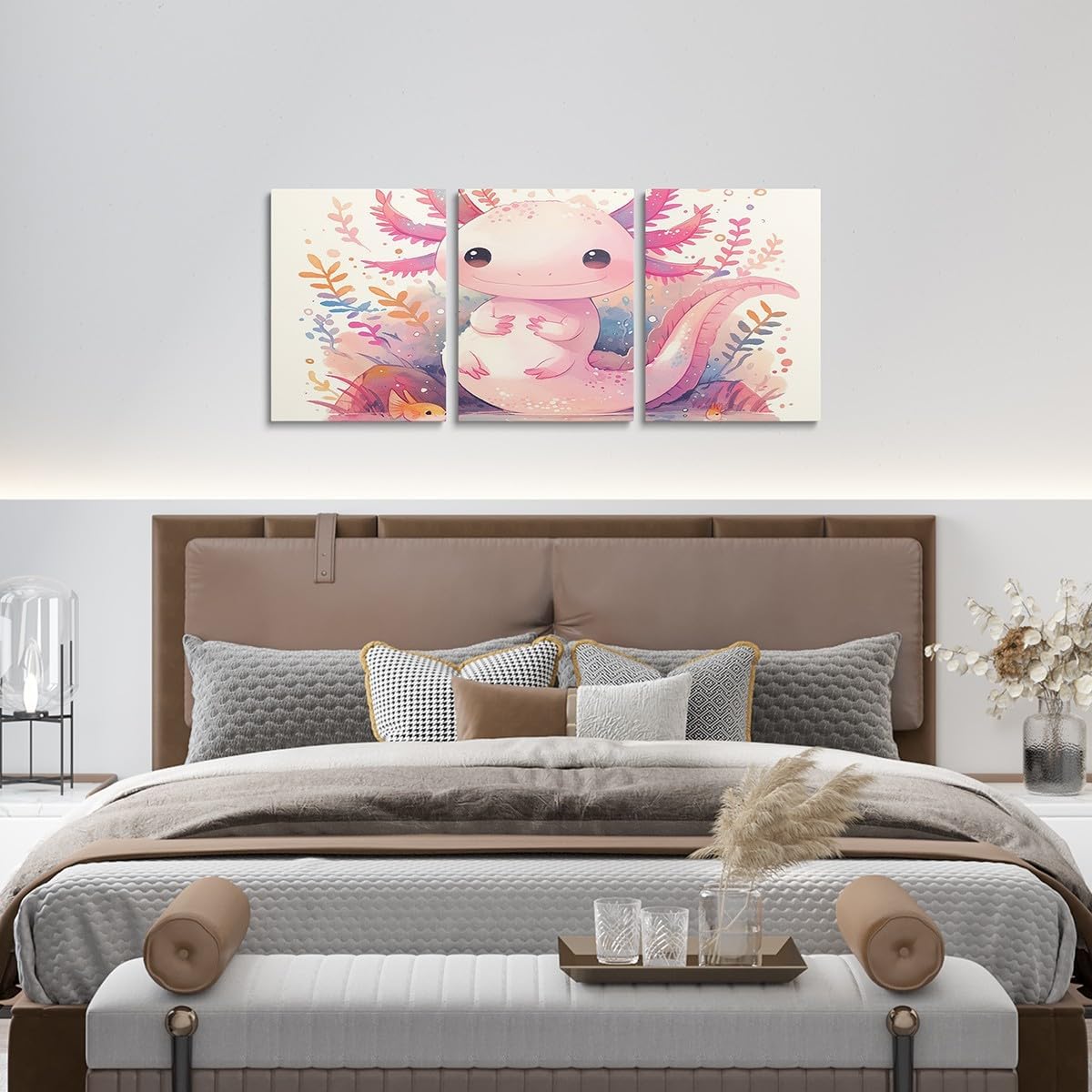 Erosebridal Boys Girls Pink Axolotl Canvas Wall Art for Living Room 12"x16" 3 Pcs,Kawaii Sealife Cartoon Picture Wall Decor Kids Kawaii Animal Poster Print,Ocean Salamander Framed Canvas Prints