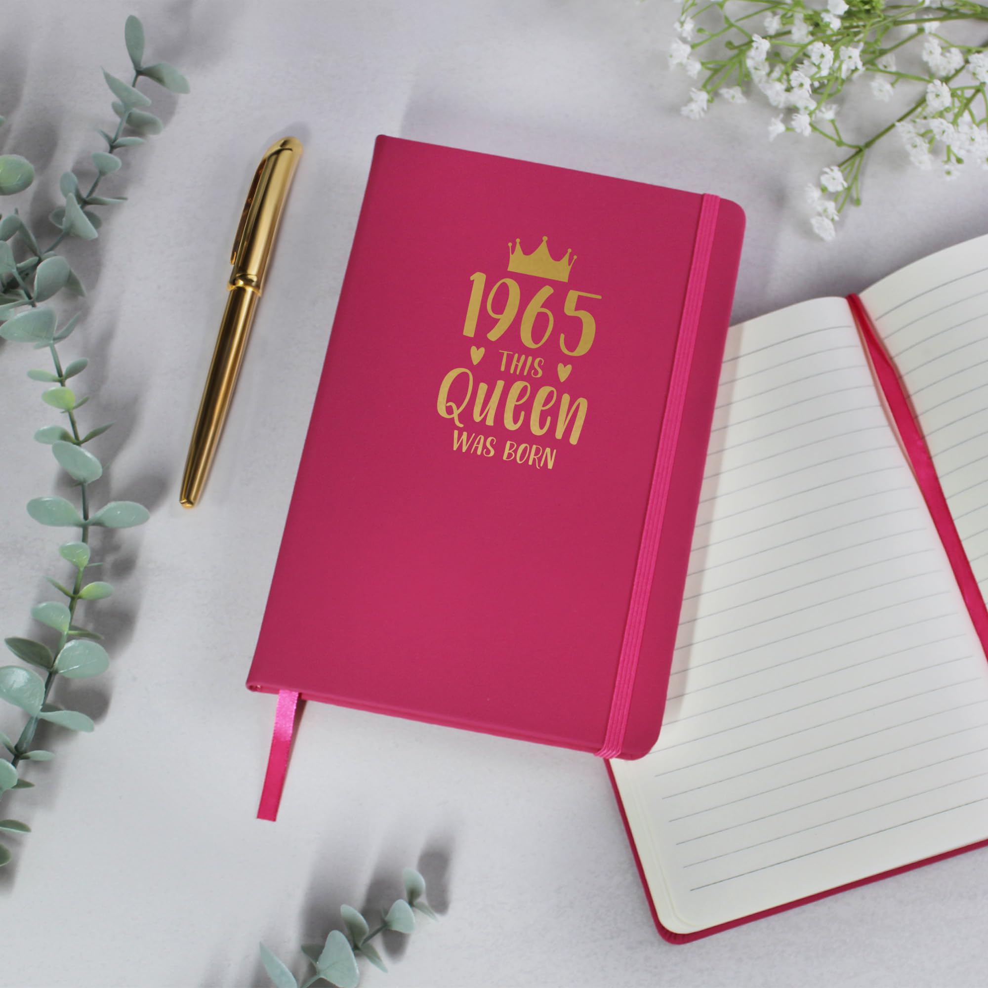 eBuyGB Personalised Pink A5 Lined Hardback Notebook, 1965 This Queen Was Born Notepad in Gold Vinyl, 60th Milestone Birthday Gift for Her, Sixtieth Birthday Gifts for Women, 96 Pages