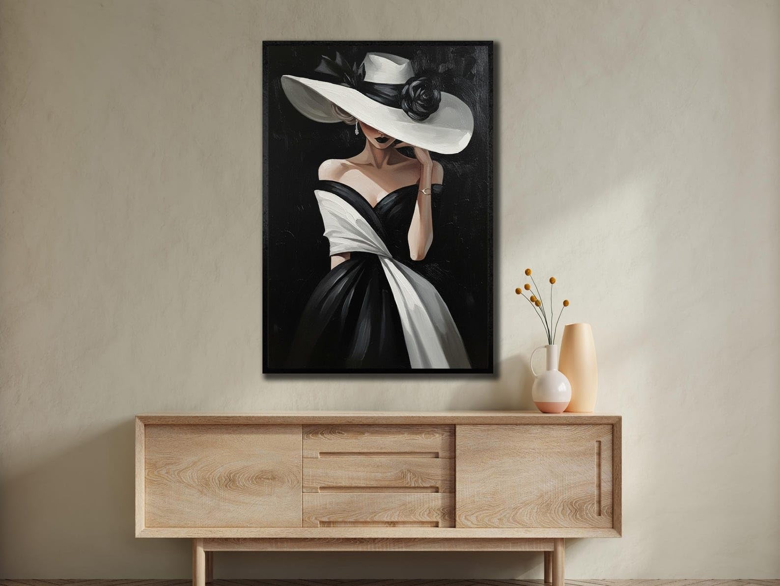 LMYCHENG Obraz dekoracyjny Kobieta w czarnym kapeluszu: minimalistyczny obraz ścienny abstrakcyjna sztuka ścienna mural do salonu sypialni (60 x 90 cm / rama wewnętrzna)