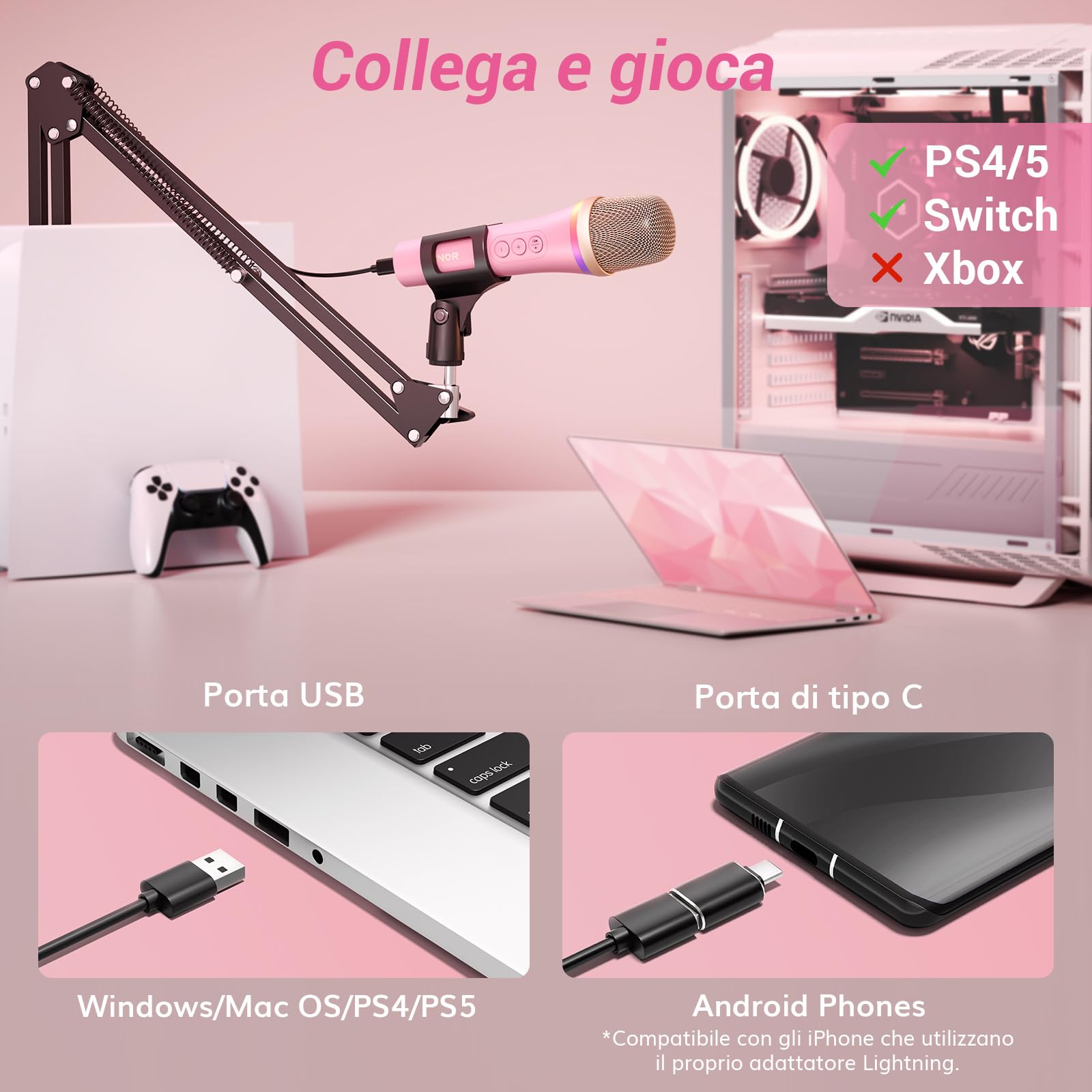 TONOR Microfono Dinamico USB/Tipo C per PC, Microfono da Gioco per Computer Podcast RGB con Supporto da Braccio per Registrazione, Live, Streaming, Youtube, Canto, Studio, Microphone per Karaoke Rosa