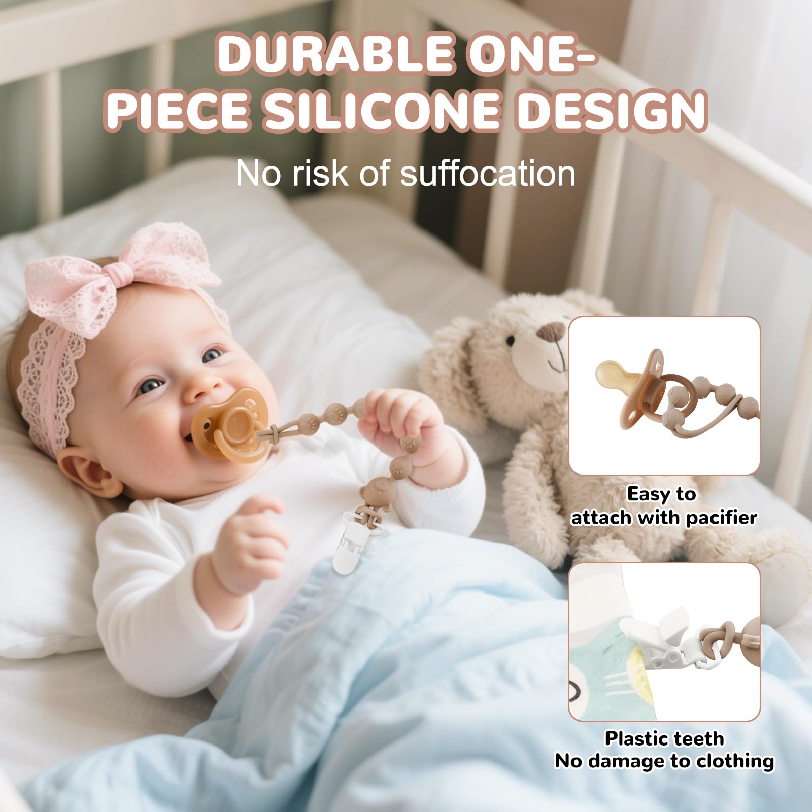 DOUUCO Silicone Dummy Clip for Baby Boys and Girls Soother One Piece Pacifier Clip - Image 3