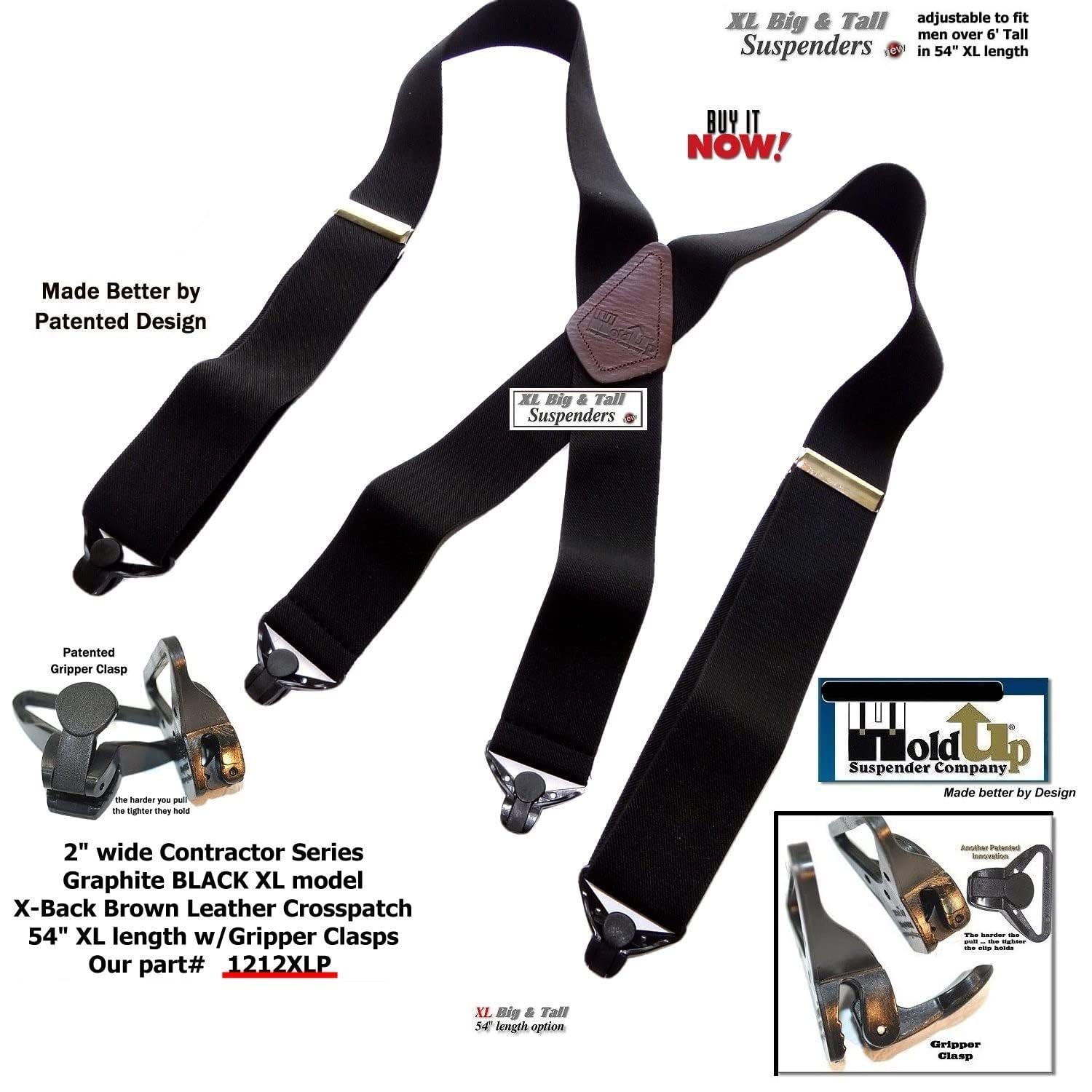 Hold-Up - Tirantes de contratista de 2 pulgadas para hombre con clips de