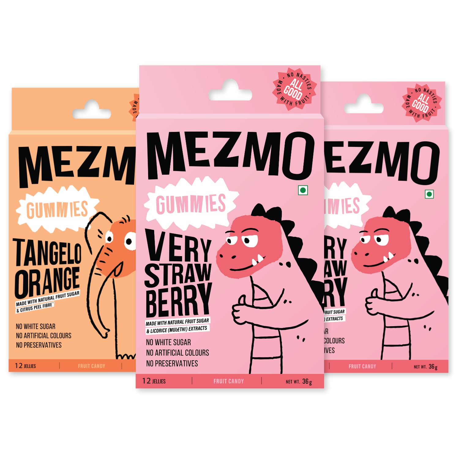 MEZMO soft jelly healthy n yummy candy with natural fruit sugar 120gms 36 jellies (Pack of 3) - Very Strawberry & Tangelo Orange