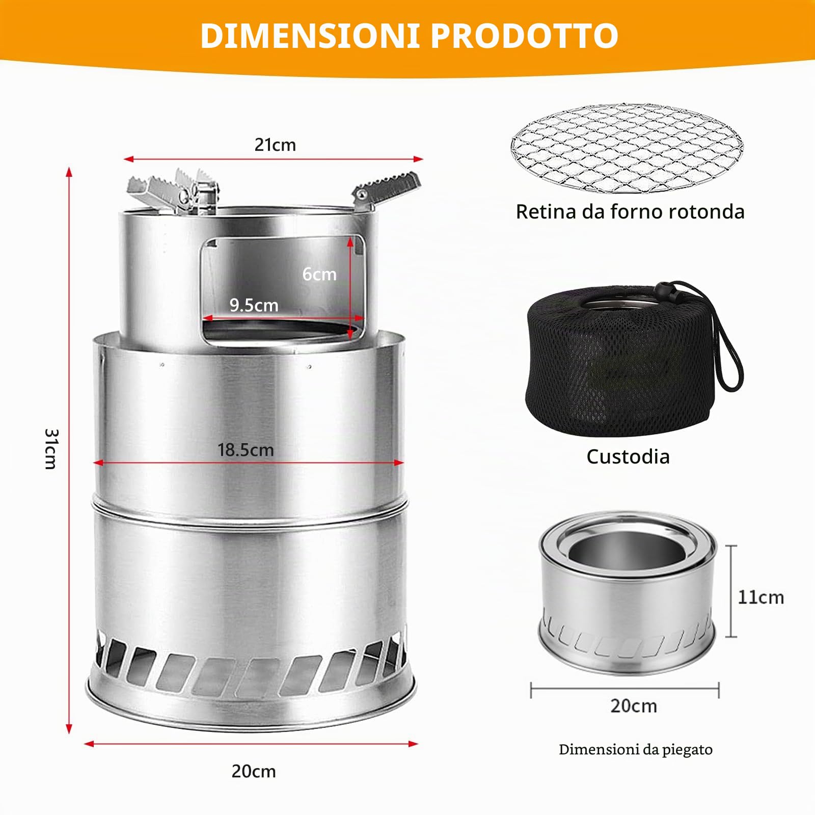 Stufa a legna portatile da campeggio con piastra a rete per barbecue, fornello Hobo in acciaio inox, borsa per il trasporto, pieghevole e antivento