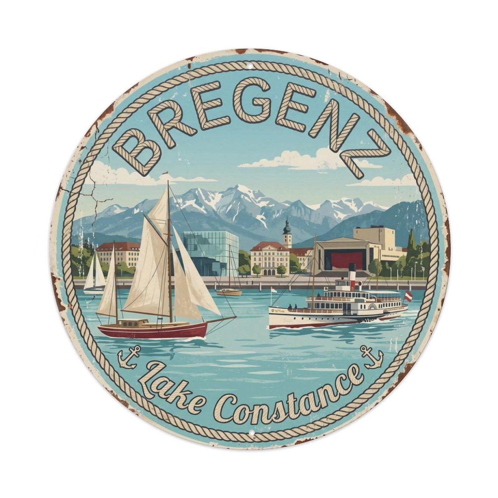 Vintage Travel Bregenz Bodensee Lakefront Metal Tin Sign Plaque Wall Decor for Cafe, Club Bar, Office, Home Garden Round Metal Poster 8x8Inch