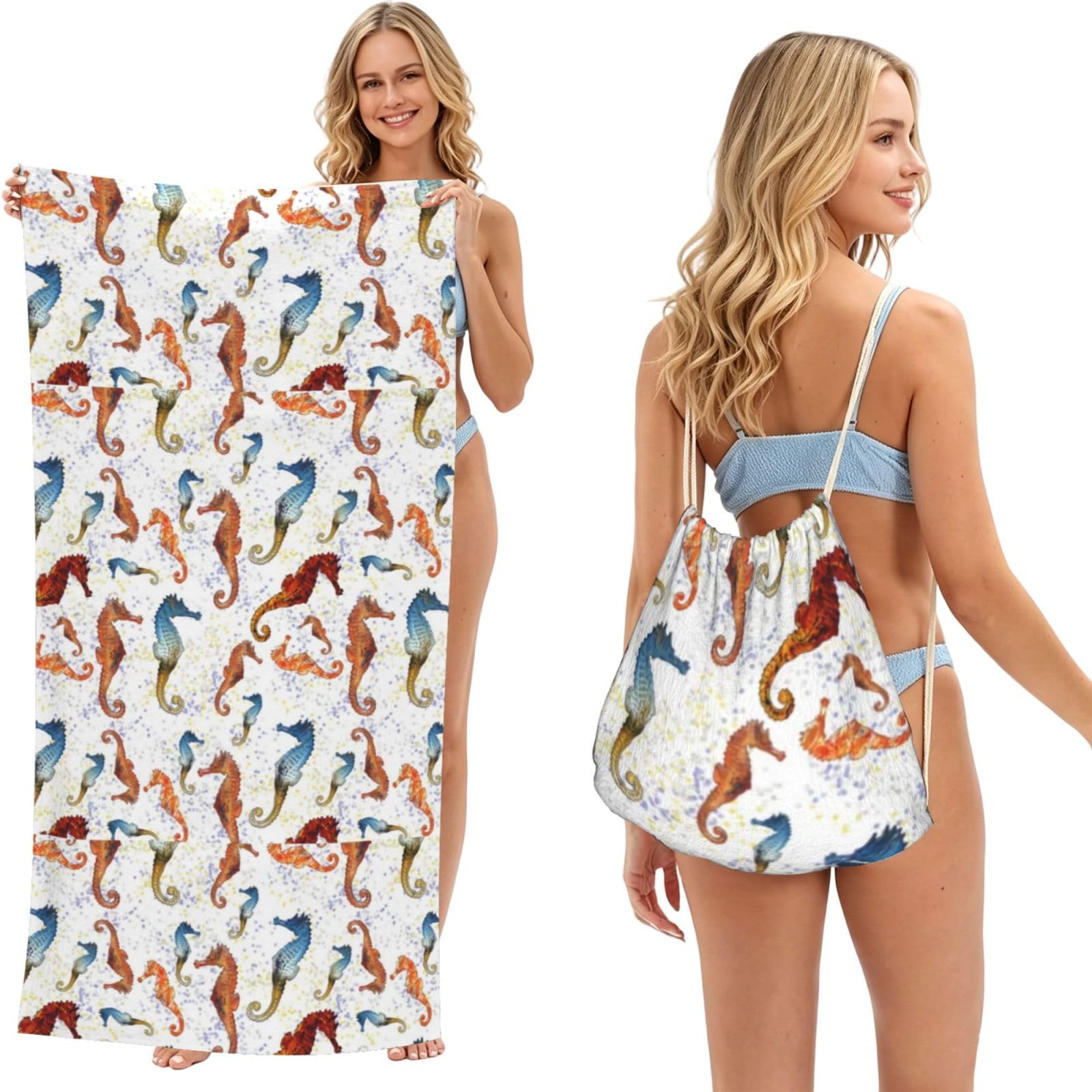 Poadnly As Picture Seahorses Ballet White Animals Nautical, 2 In 1 Packable Towel Bag, Beach Towels With Drawstring Backpack For Travel Holiday Camping