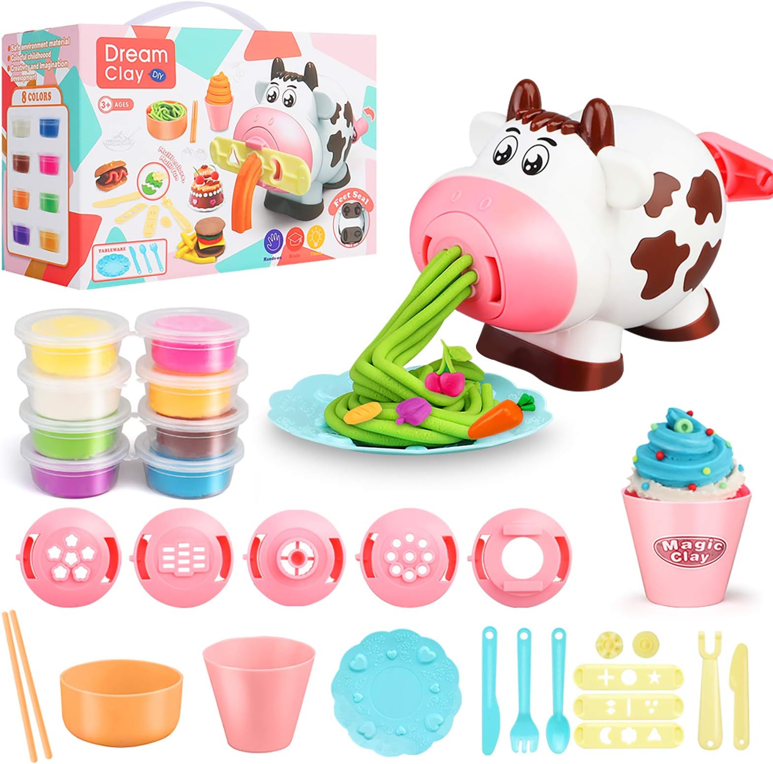Dough Play Tool Set for Kids - 28Pcs Kitchen Creations Noodle Playset and Ice Cream Maker Machine Kit for Toddlers Birthday (8 Colors Included)