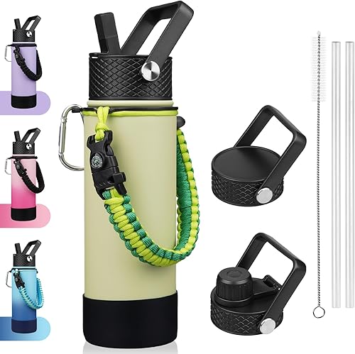 Miniatura 21 de BJPKPK Botella de agua aislada con tapa con popote, frascos térmicos de 22 onzas con 3 tapas, mango de paracord y bota antideslizante, vasos de