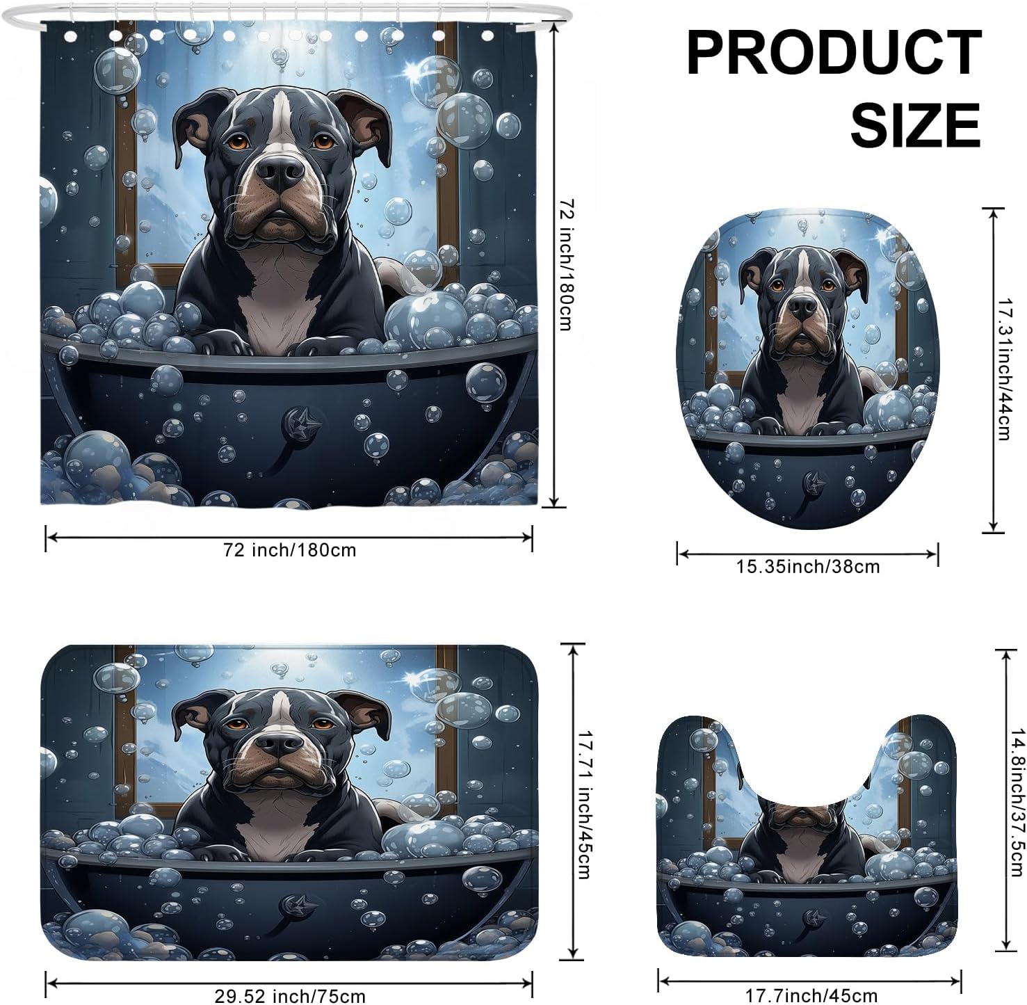 4PCS Pitbull Bath in A Tub Shower Curtain Sets with Non-Slip Rug, U Shape and Toilet Lid Cover Mat, Cartoon Animal Puppy Kids Bathroom Accessory Sets Decor with 12 Hooks, 72 x 72 Inch