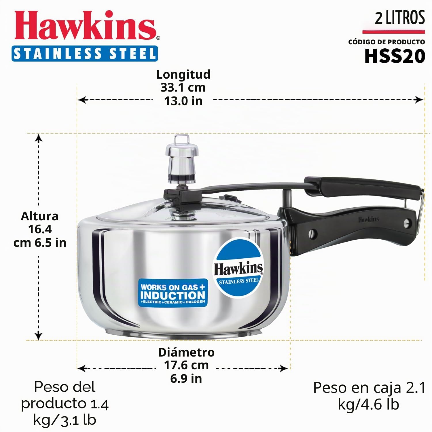 Hawkins Pressure Cooker Stainless Steel 2 Ltr.
