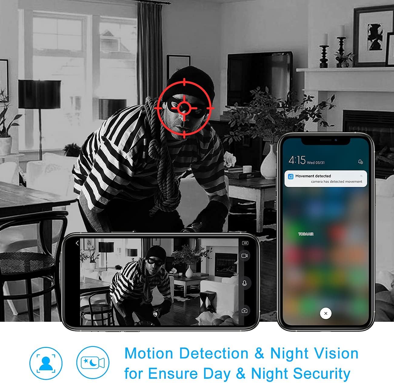 A person in a dark room, viewed through the camera's night vision, with a smartphone showing the live feed and a motion detection alert.