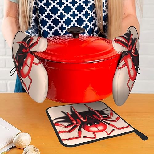 Miniatura 7 de Juego de manoplas de horno y soporte para ollas con diseño de araña roja, material antiquemaduras, grueso y duradero, antiquemaduras y aislado.