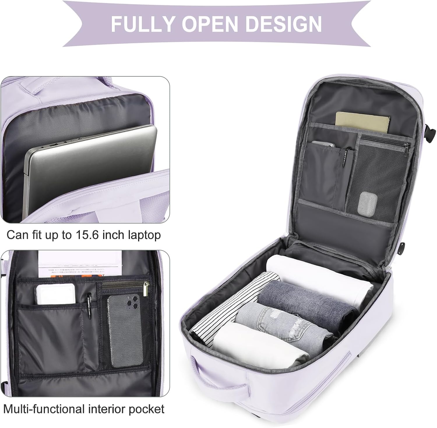 coowoz Large Travel Backpack For Women Men,Carry On Flight Approved,Hiking Waterproof Outdoor Sports Rucksack Casual Daypack Fit 15.6 Inch Laptop Shoes Compartment (Purple)