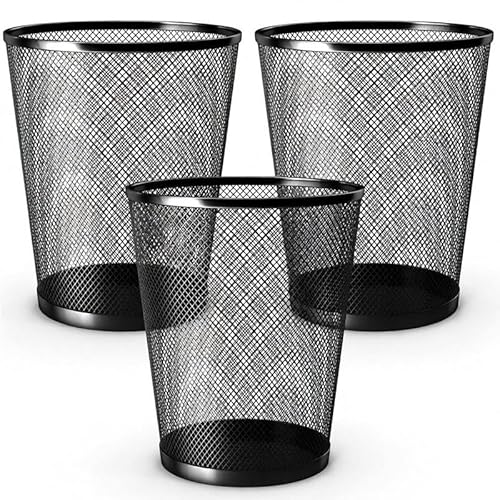 KAV Pack of 3 Black Metal Mesh Wastebasket Paper Bin - Round Trash Lightweight Circular Rubbish Can for Kitchen, Bathroom, Bedroom, Dormitory, Office - Size 27x23.5x23.5 cm