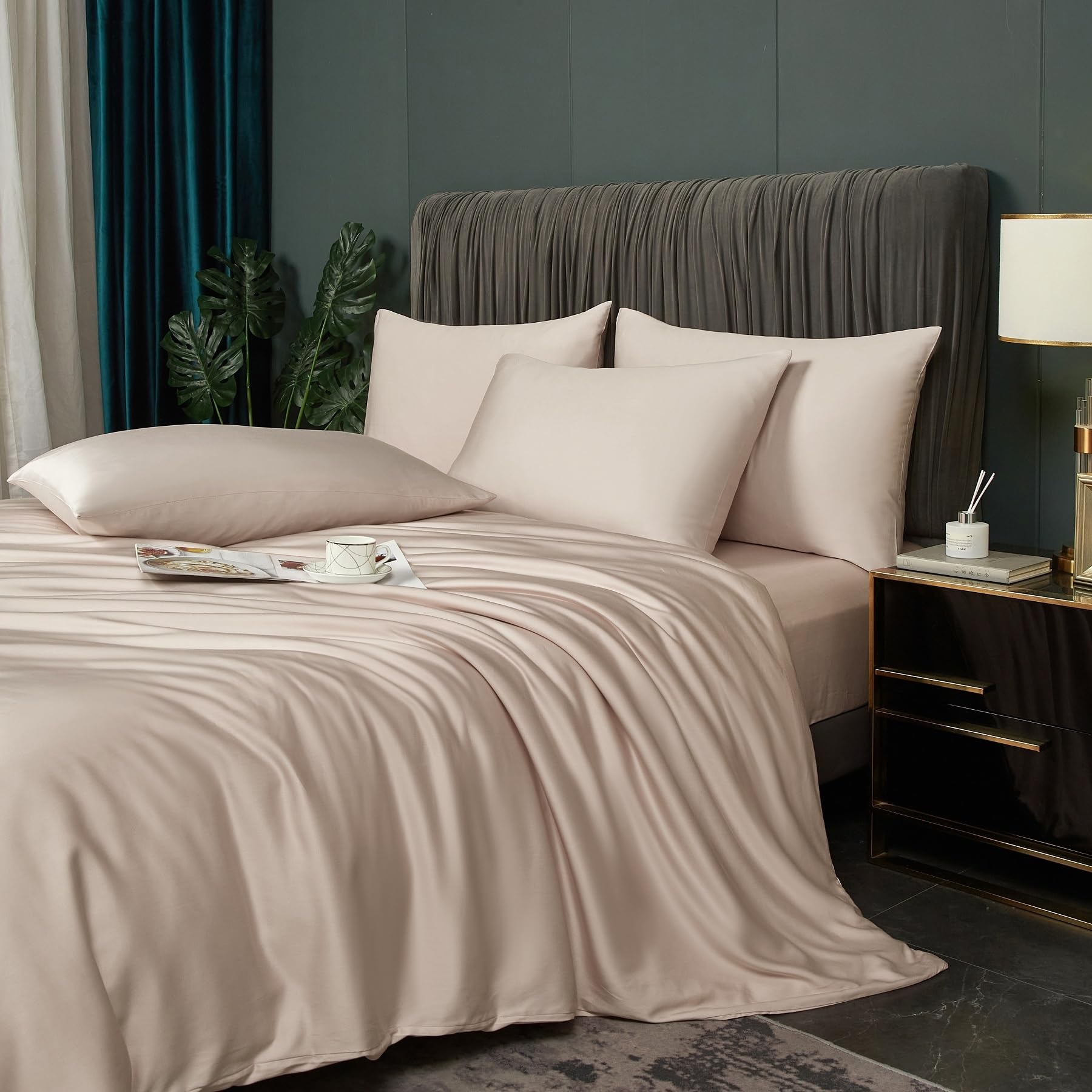 Luofanfei Kühlende Bambus Bettwäsche 200x220 cm Sommer Beige | Uni Bambusfasern Lyocell Glänzend Bettwäscheset Atmungsaktiv Bamboo Muster Bettbezuge und Kissenbezüge 80x80 cm Bügelfrei