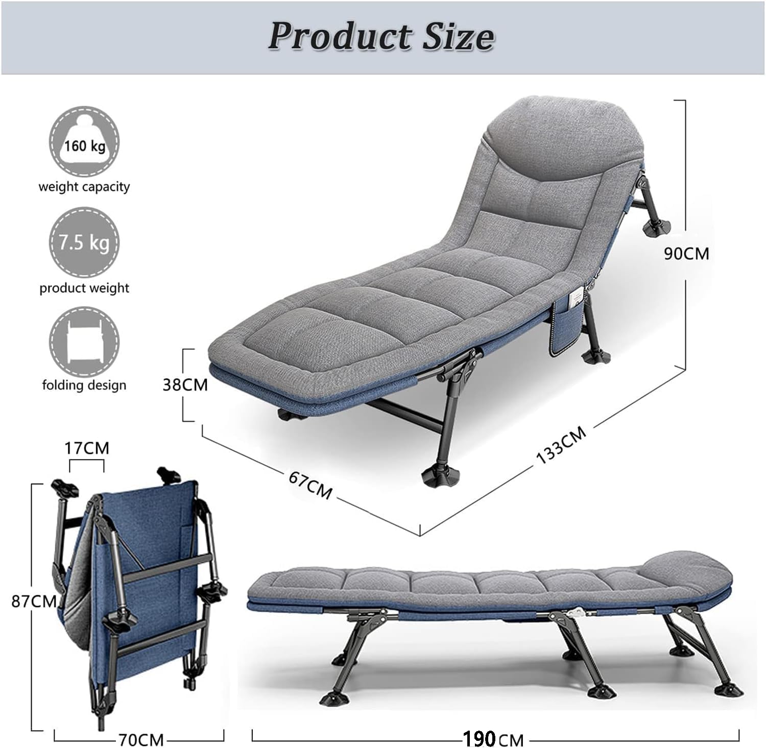 Campingbett mit Matratze, 5-Fach Verstellbar RüCkenlehne, Karpfenliege Feldbett Klappbar XXL mit Seitentasche, bis 160kg, Campingliege Faltbar Leicht für Outdoor Camping Garten
