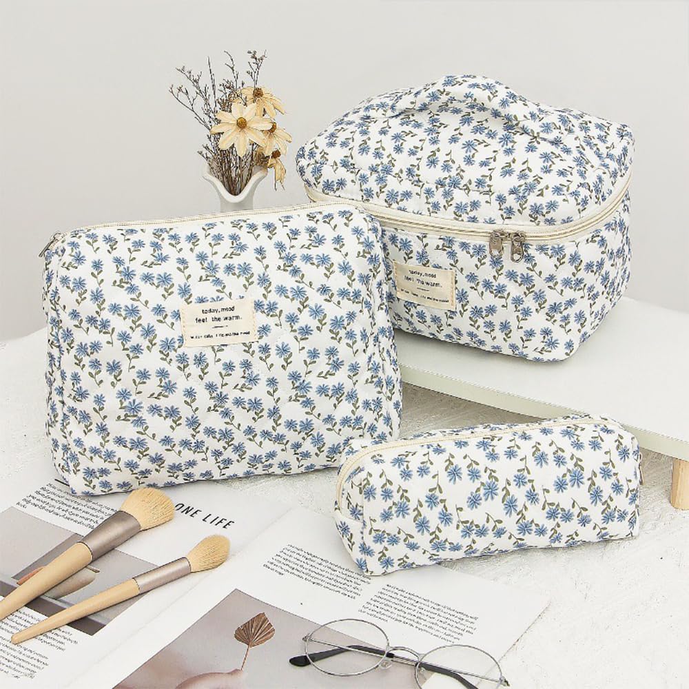 3 Piece Cosmetic Bag Women's Make Up Bag, Quilted Toiletry Bag with Floral Pattern, Travel Cosmetic Bag - Image 3