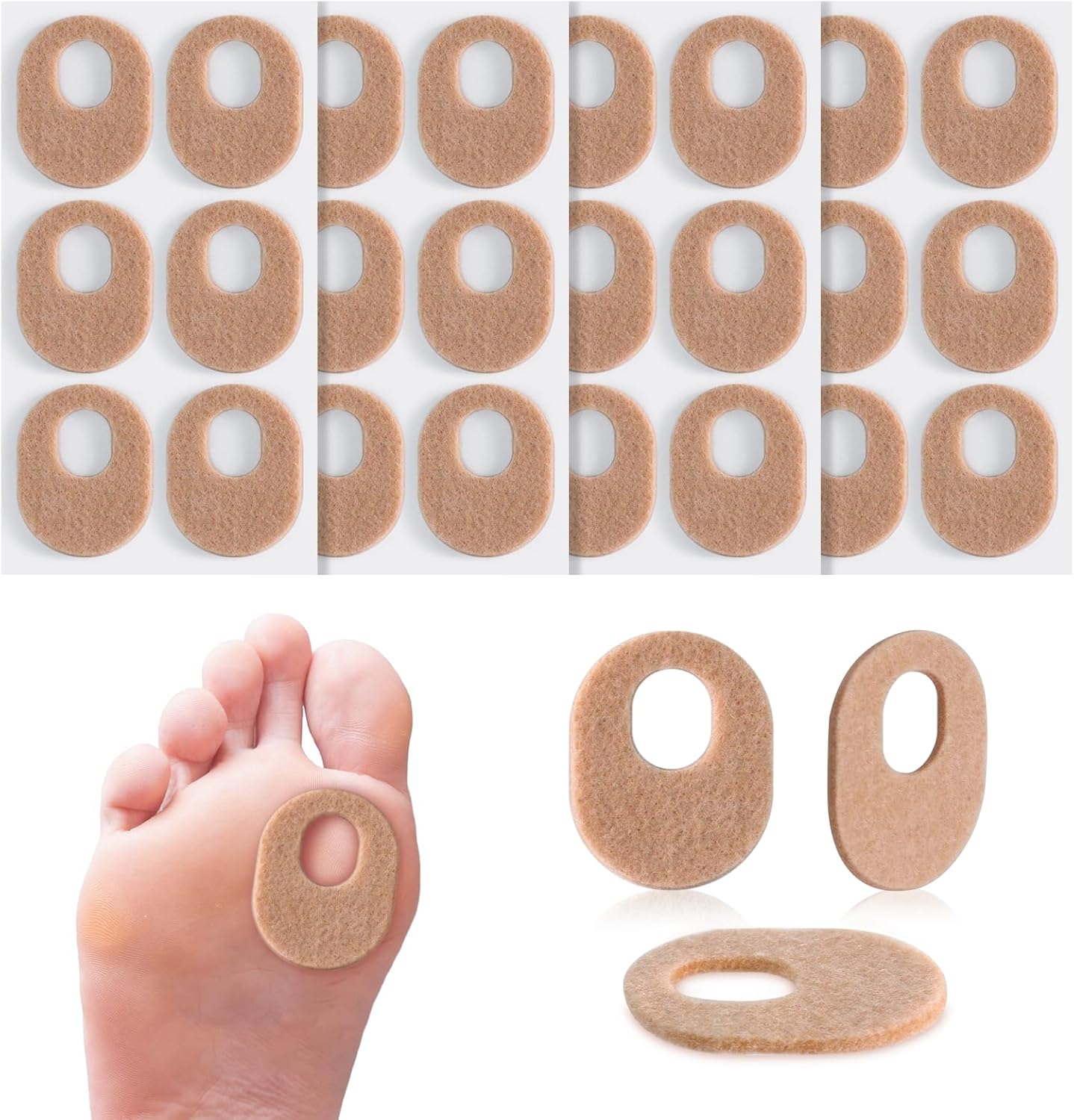 24Pcs Callus Pads，Soft Felt Callus Oval Shape Cushion Pads for Toes and Feet, Reduce Pain, Pressure and Friction from Shoes
