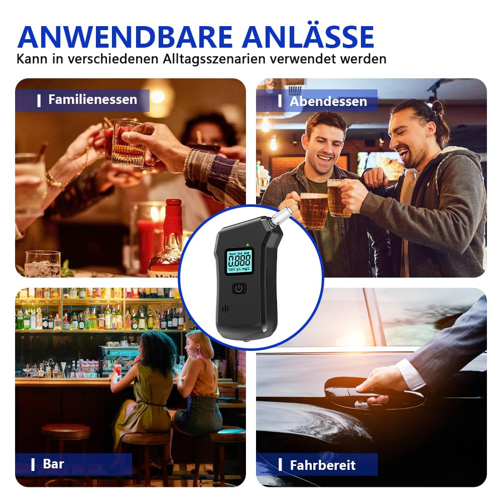 Alkoholtester Professioneller für den Heim und Professionellen,Gebrauch mit 20 Aufsätzen,LCD-Digitalanzeige und Hochempfindlichem Chip für höchste Genauigkeit