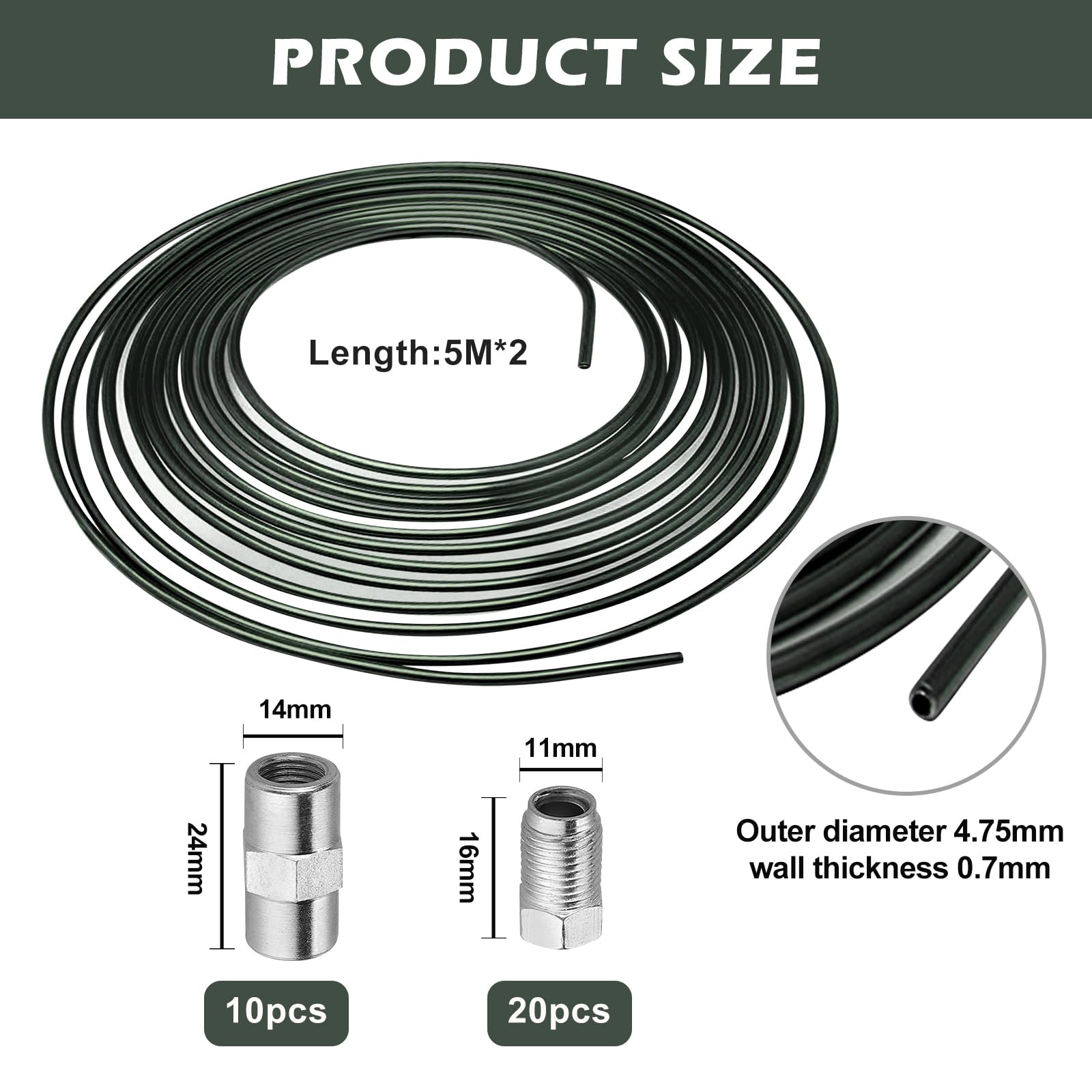 Set di tubi del freno in acciaio, 10 m Ø 4,76 mm rivestito in pvf, tubo del freno rame rivestito in rame, per riparazione sistema di frenatura auto (2 × 5 m)