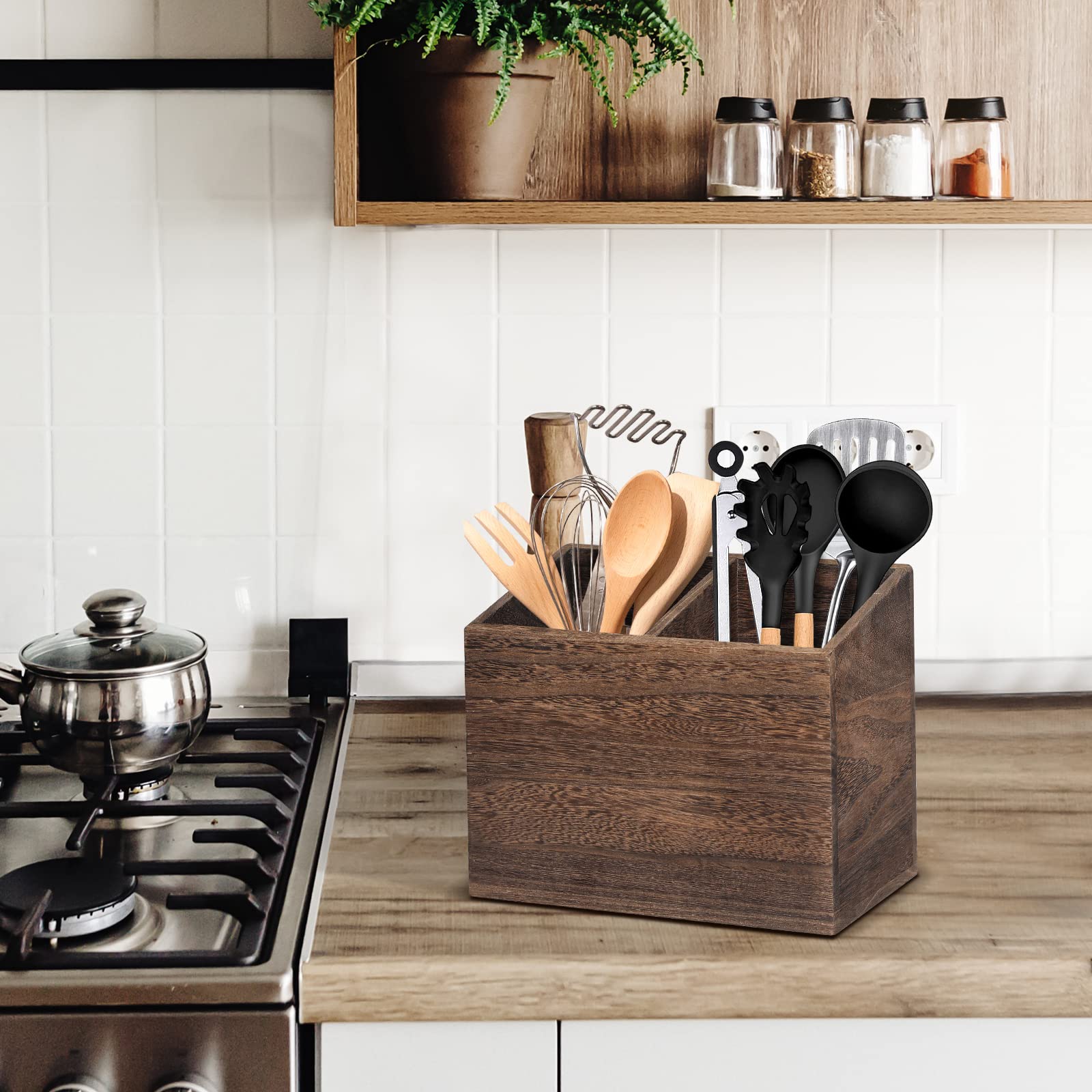 Portautensili In Legno Rustico 3 Scomparti Per Cucina - Organizer Da Banco Con Fori Di Drenaggio E Ganci A Parete