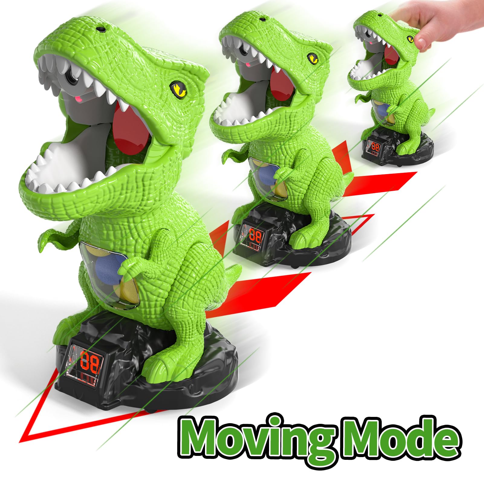 Bewegliches Dino-Zielscheibe Set, Schießspielzeug für Kinder, Dinosaurier Spielzeug, Outdoor Spiele Kinderspielzeug, Geschenk Junge 4 5 6 7 Jahren, 2 Popper-Pistolen, 48 Schaumbälle