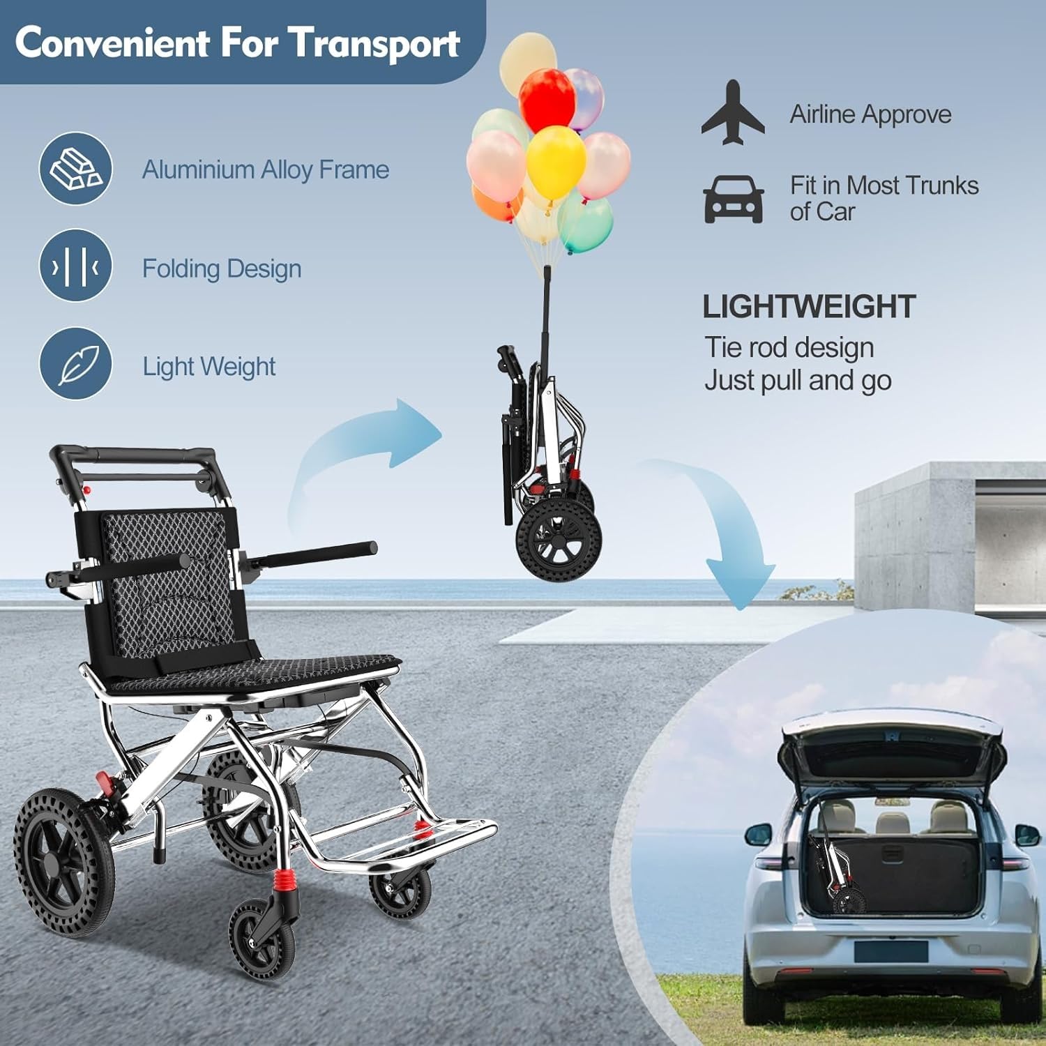 Lekki składany wózek inwalidzki, nowa aktualizacja ultralekkiego wózka transportowego z dyszlem/torbą transportową, składane przenośne wózki inwalidzkie dla dorosłych podróże samolotem