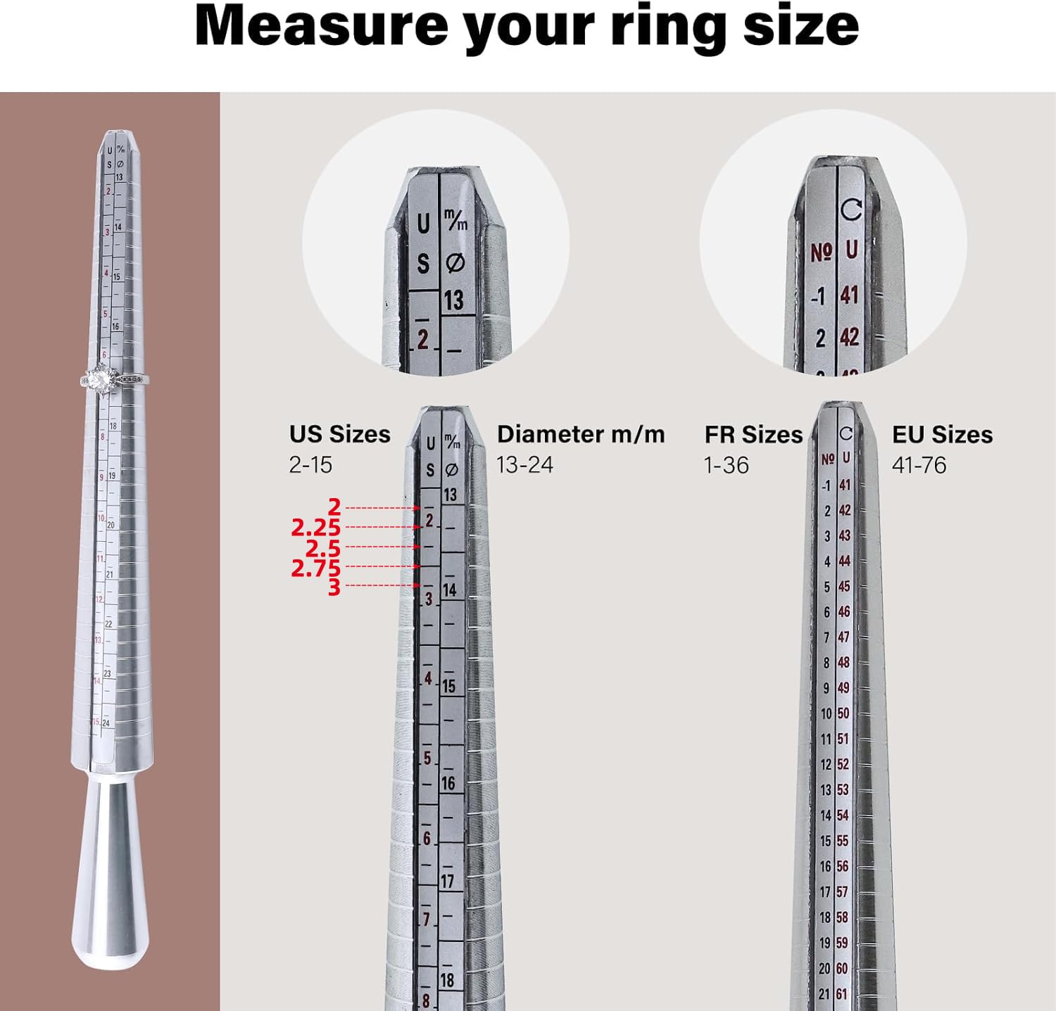 Artilife Herramientas para medir anillos de joyería, incluyendo medidor de mandril de anillo, martillo de goma, palo de metal sólido, medidor de anillos, paño de pulido, palo de pulido, ágata pulida