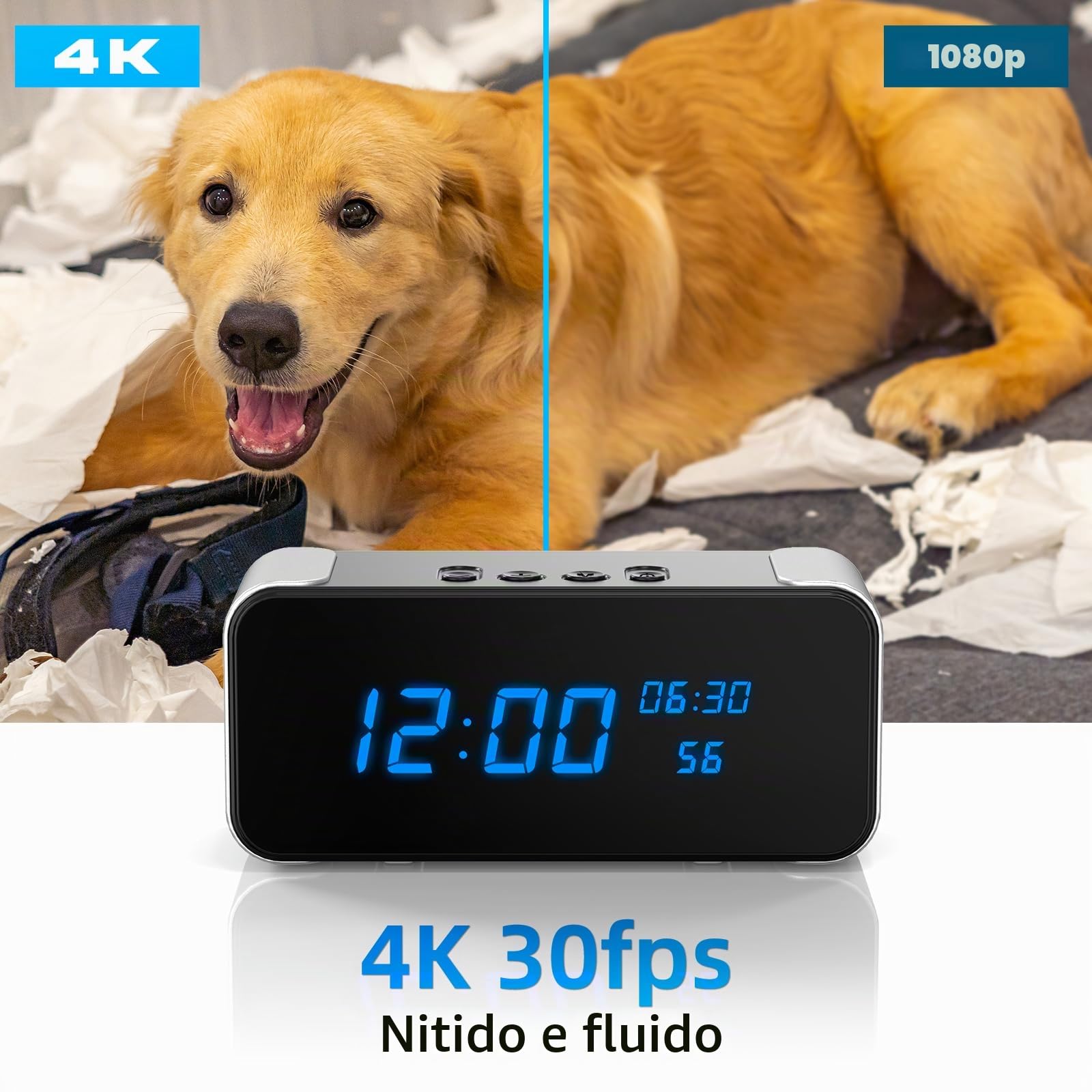 Telecamera Spia Nascosta,Telecamera di Sicurezza Domestica 4K WiFi, Microcamera Spia 3-in-1 con Altoparlante Bluetooth, Visione Notturna e Funzione Sveglia