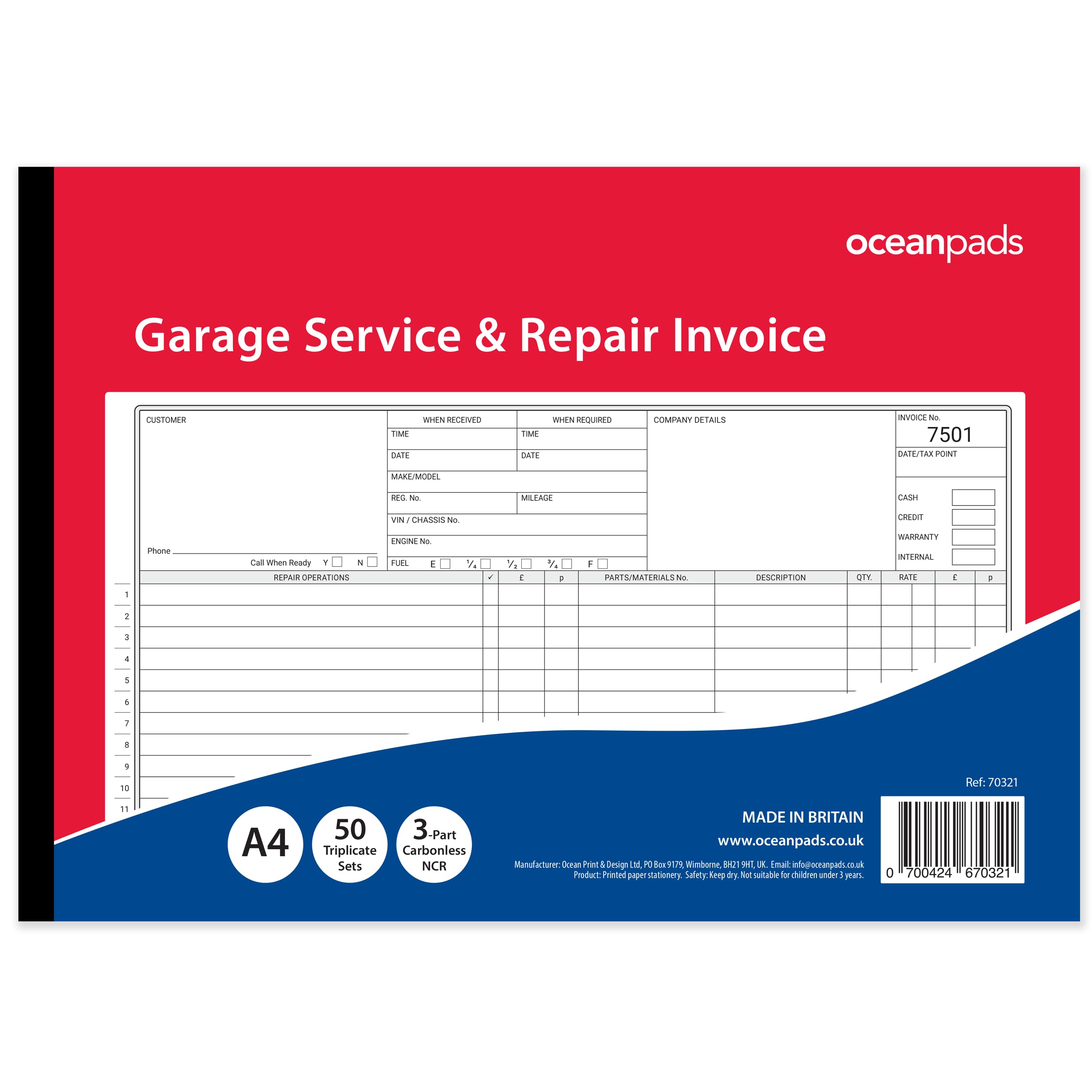 Garage Service & Repair Invoice Book A4 | 3-Part NCR Triplicate | 50 Sets | Workshop Job Card for Garages & Mechanics – Ocean Pads (70321)