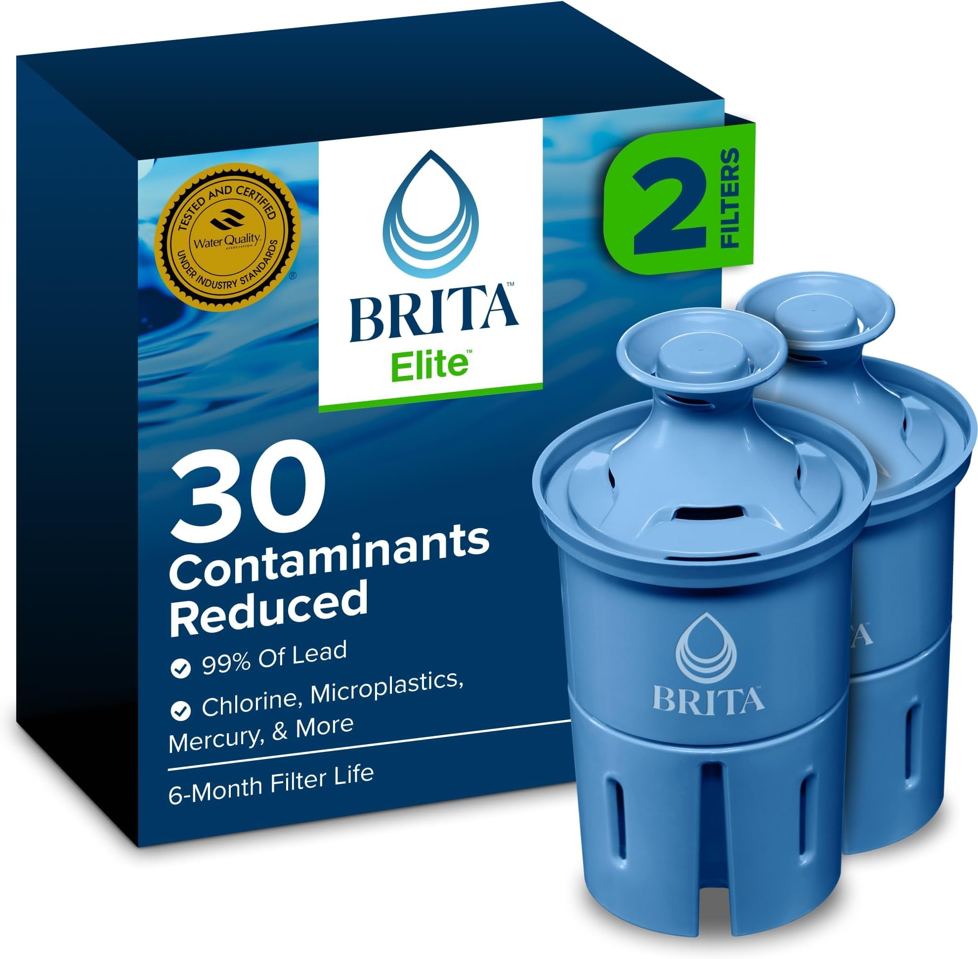 Brita Elite Water Filter Replacements for Pitchers and Dispensers, BPA-Free, Reduces 99% of Lead, Lasts Six Months or 120 Gallons, Includes Pitcher Replacement Filters, Blue, 2 Count (Pack of 8)