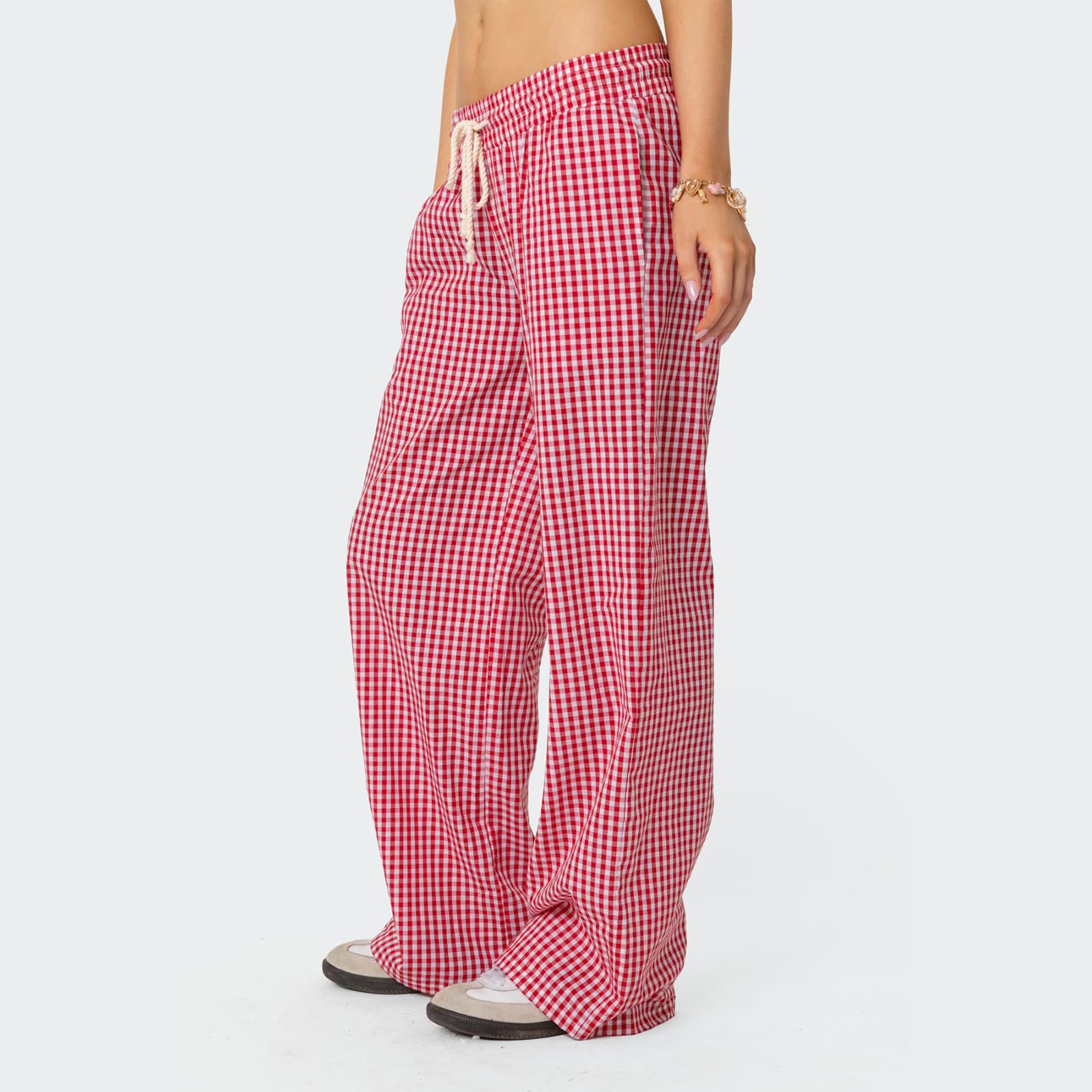 Sexy Outfit Pantalon de Salon à Jambes Larges pour Femmes, Confortable, Taille élastique, Baggy, à Carreaux, Palazzo, Ample, Cordon de Serrage, avec Poche