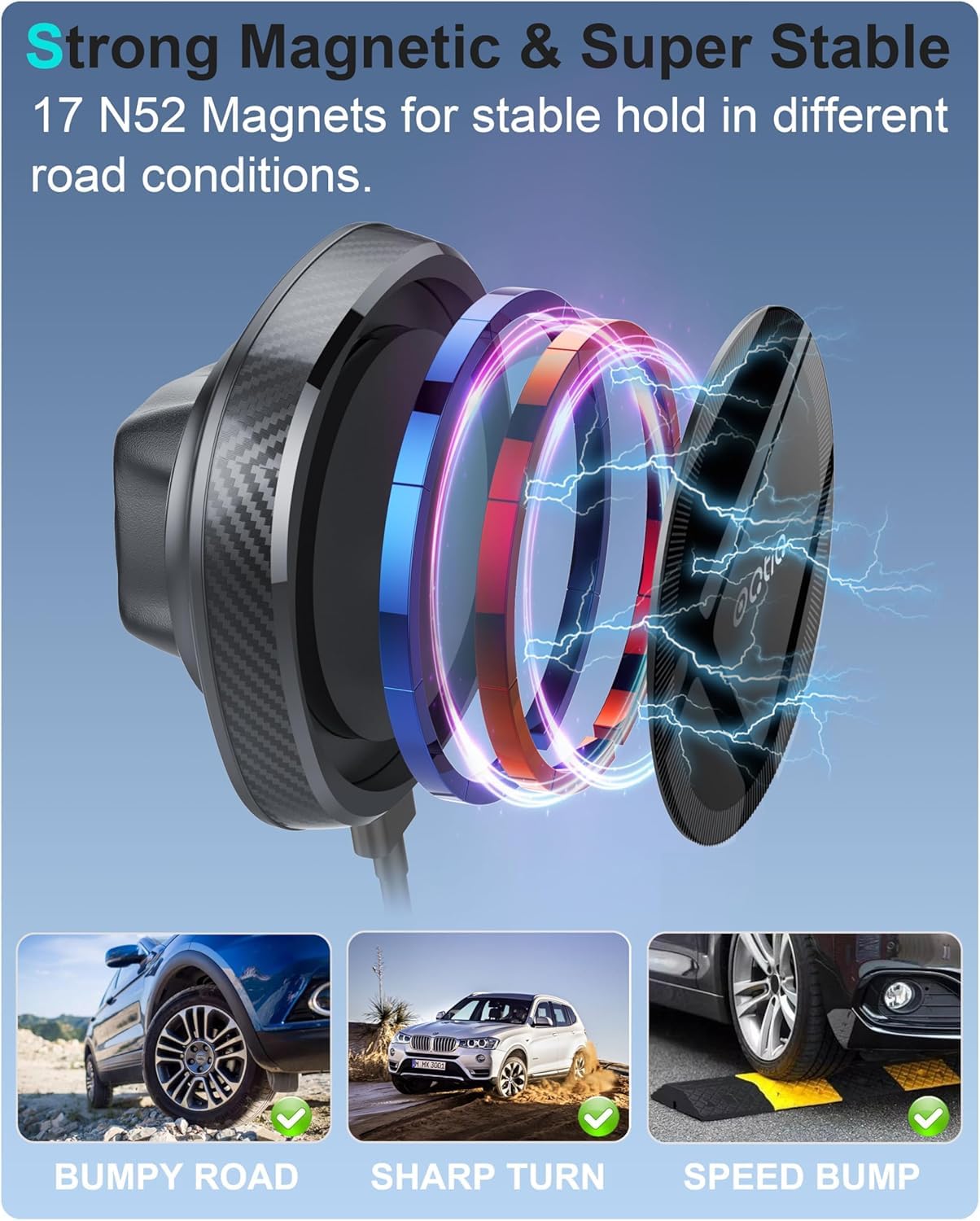 OQTIQ Soporte magnético inalámbrico para Cargador de Coche para MagSafe Soporte de teléfono de Coche, Carga rápida Ajustable con Ventilador de refrigeración Compatible con iPhone 14, 13, 12 Pro MAX