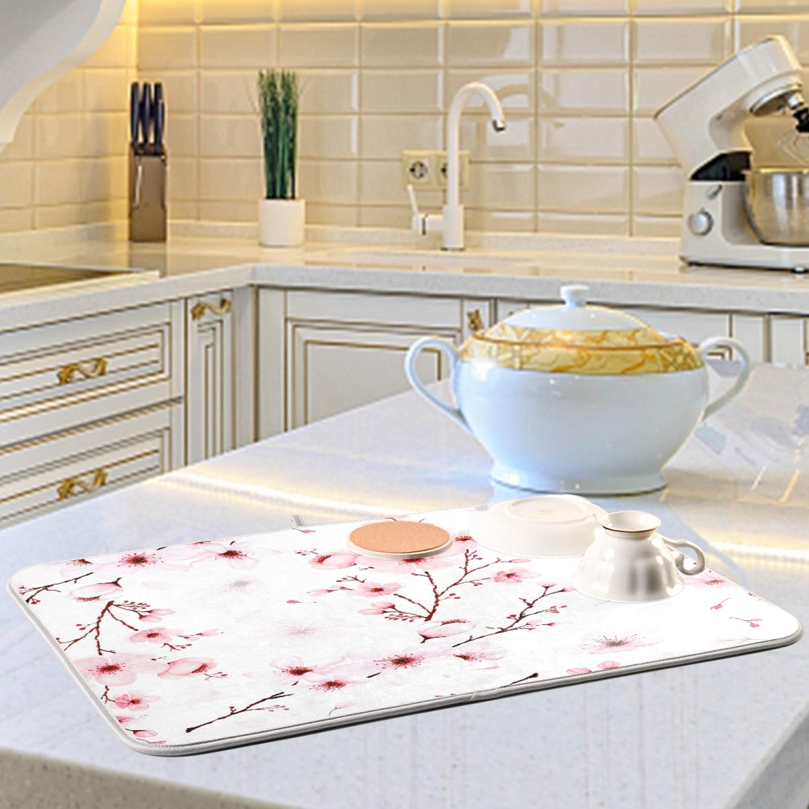 Tapete De Secado De Platos Floral Azul Marino De 18 X 24 Pulgadas, Para Primavera Y Verano, Decoración De Cocina, Tapete De Secado Decorativo Moderno Floral Para Encimera De Cocina, Decoración