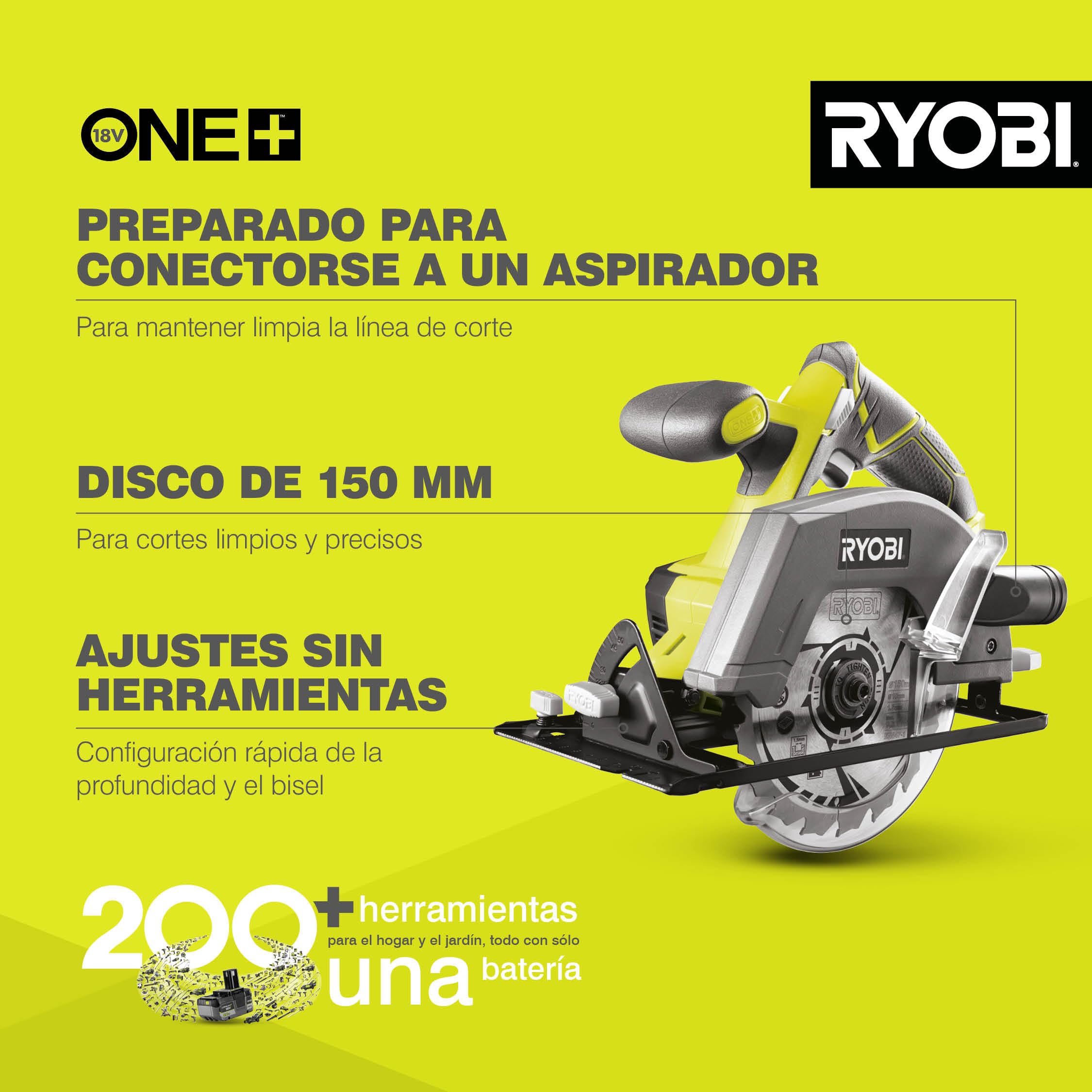 RYOBI - Sierra Circular 18V ONE+ Hoja Ø 150 mm - para Cualquier Corte Recto y en Bisel, Canto de Tablas, Vigas, Tablones en Ebanistería, Carpintería y Trabajos en Madera - R18CSP-0