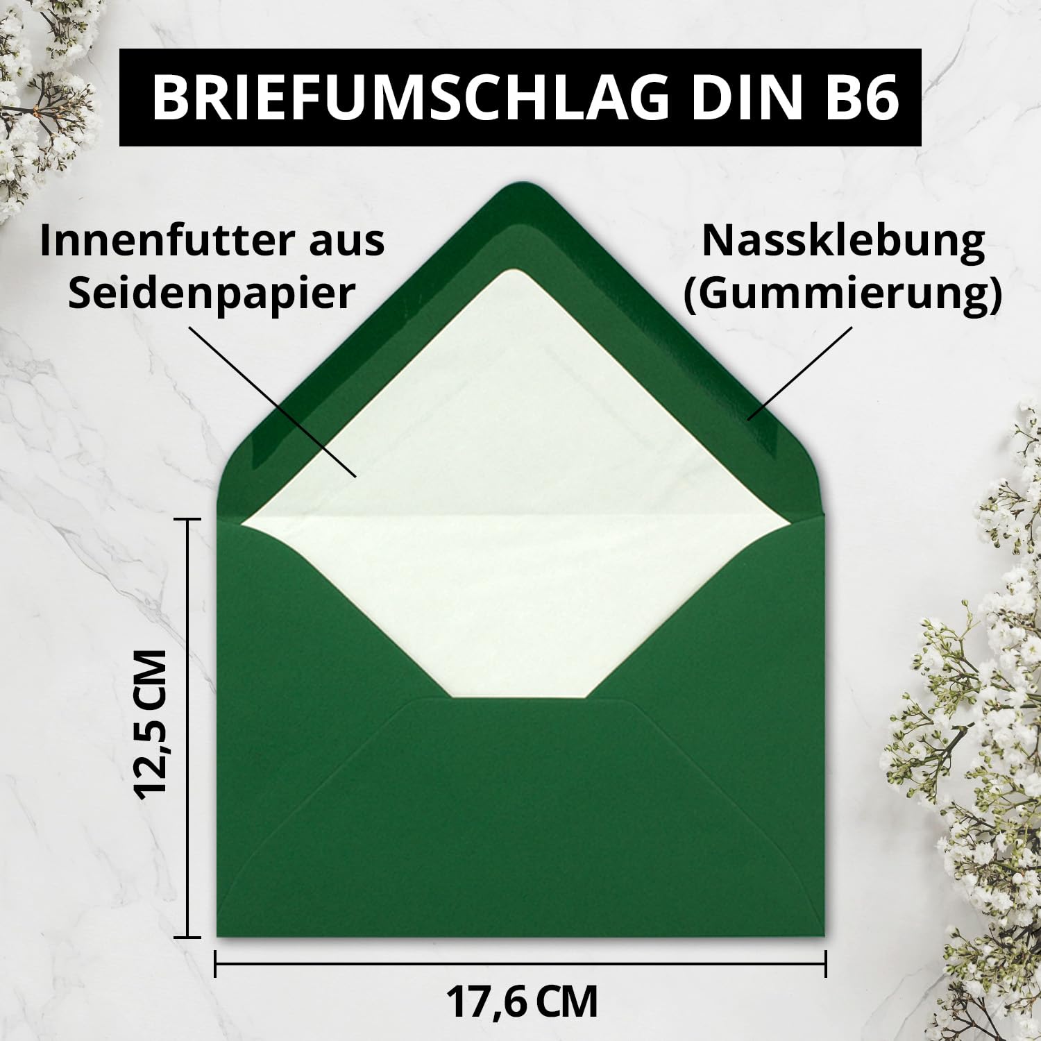 200 Sets - großes Kartenpaket, Dunkelgrün (Grün), matt, mit 200 Faltkarten, passenden weißen Einlegeblättern & 200 gefütterten Umschlägen - DIN B6, 12 x 17 cm - 120 x 170 mm