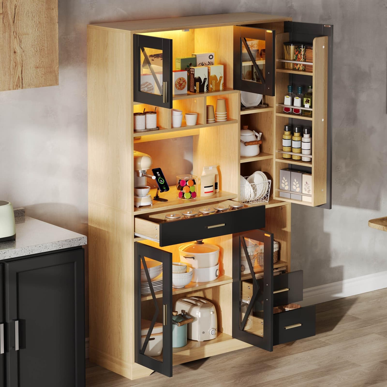 KOMHTOM Buffet de Cuisine Haut 105 cm Style Ferme, Vaisselier avec Prises, LED et Rangement pour Épices, 3 Tiroirs et Portes en Verre, Noir/Bois(2-Style Ferme & Épices (105cm) - Noir/Bois)