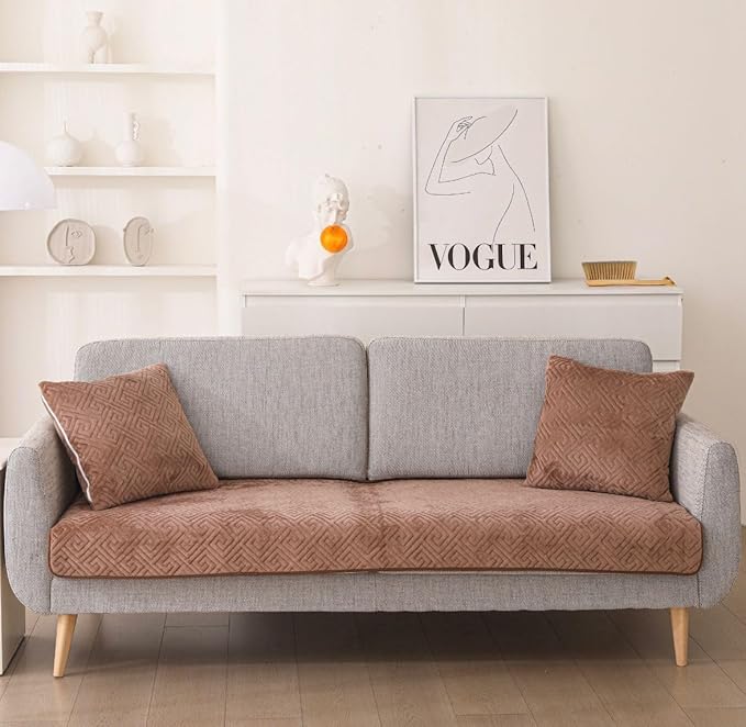 HOMETHREADS European Premium Style Anti Slip 1 Seater Sofa Carpet| Cotton/Velvet Sofa Cover 1Pc(70x70cm) | Brown_V