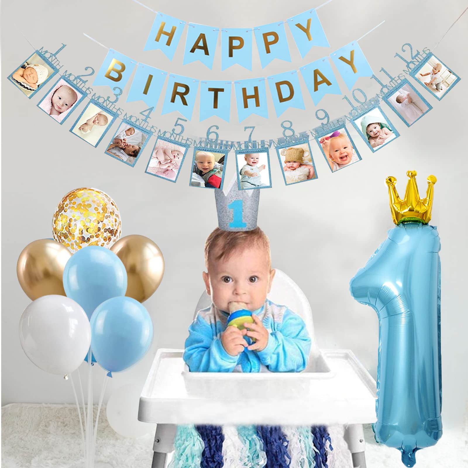 Komplett-Set Geburtstagsdeko Für Jungen – 1. Geburtstag In Blau & Gold Mit Luftballons, Banner & Mehr