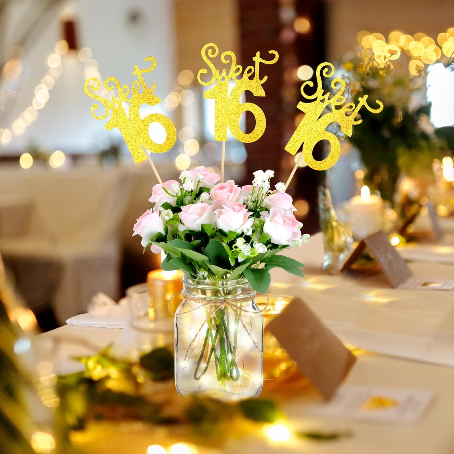 Chengu 28 Pcs Sweet 16 Centerpieces for Table Happy 16th Birthday Decorations with Gold Glitter Sticks Artificial Gypsophila Flowers Bouquet Mason Jars Lighted Cheers to 16 Years Old Anniversary