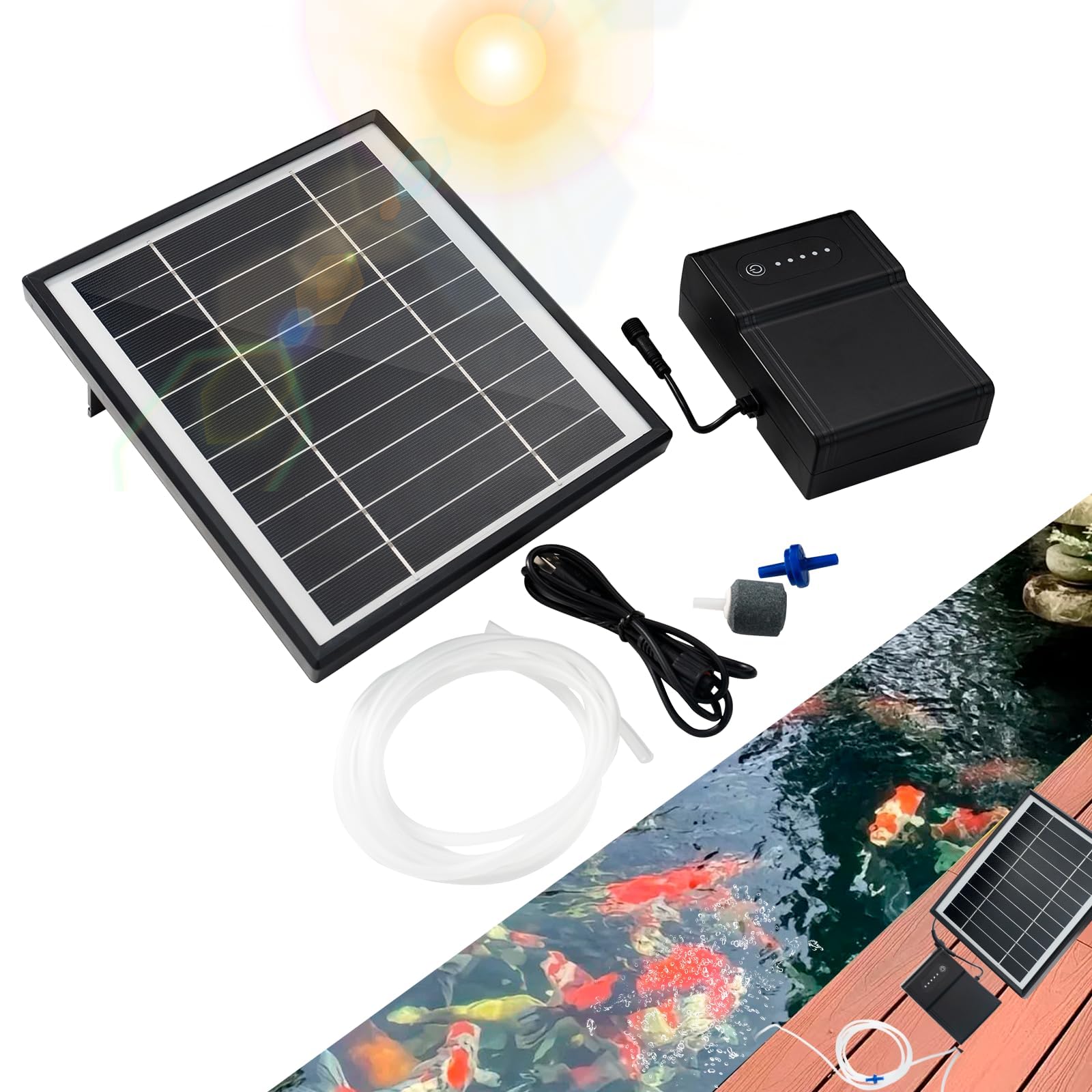 Pompes à air solaires, charge Type-C et charge solaire disponibles, oxygénateur 5W Pompe à air pour aquarium Aérateur de pêche avec tuyau Pierres à bulles d'air, pompe à oxygène solaire pour