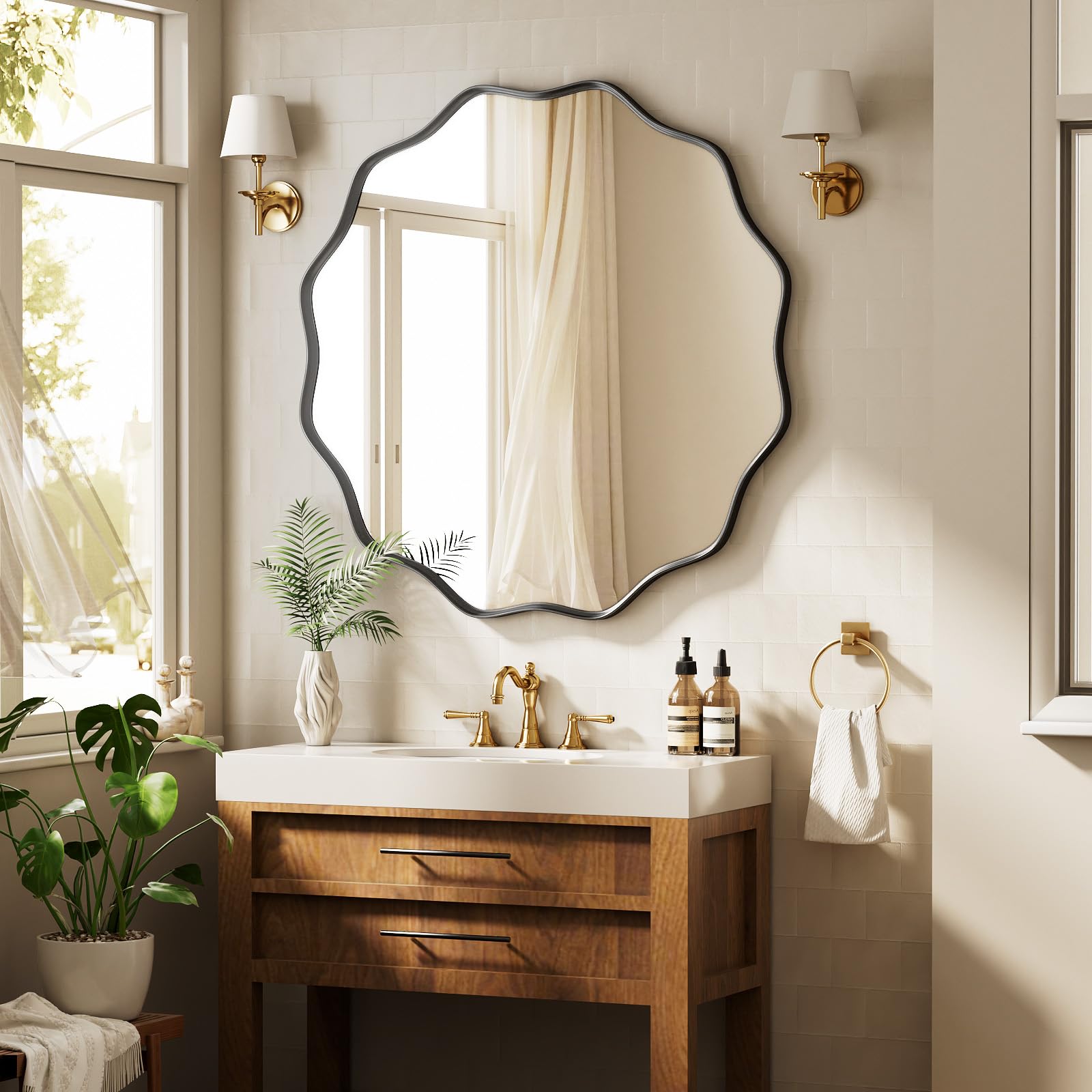 BEAUTYPEAK Runder Spiegel 76 cm, Wandspiegel mit Gewellter Kante, Aluminiumrahmen, Spiegel Rund zum Aufhängen und Anlehnen, Rund Wandspiegel für Schlafzimmer, Badezimmer, Flur Schwarz
