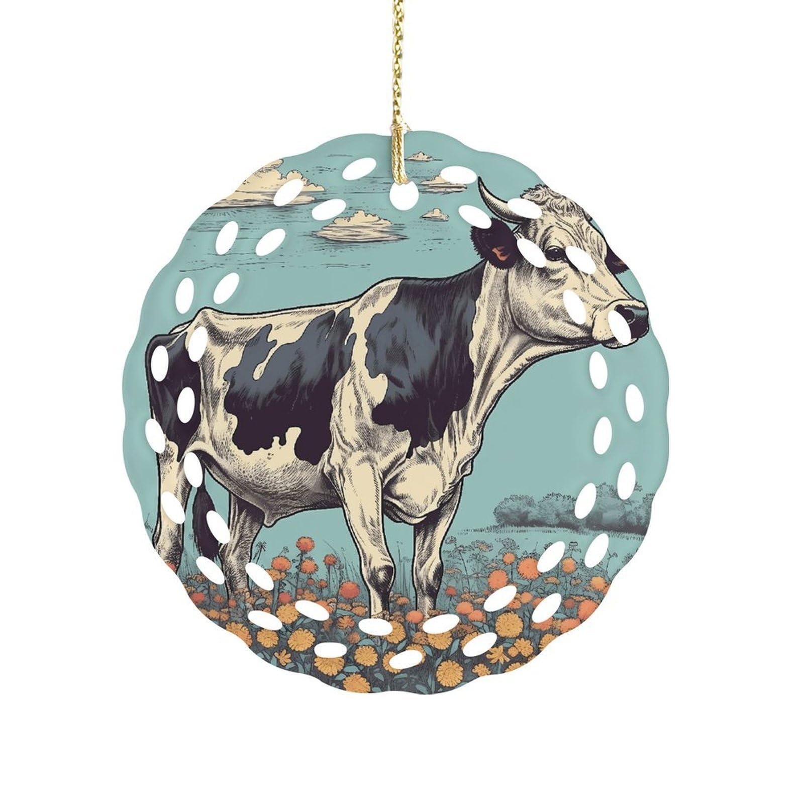 Btcowzrv Style Hand Drawn Cow Ceramic Ornament,Round Ornaments With Hole Easy To Hang,Hanging Ornament For Wedding Party Home Window Garden Christmas Day Decor