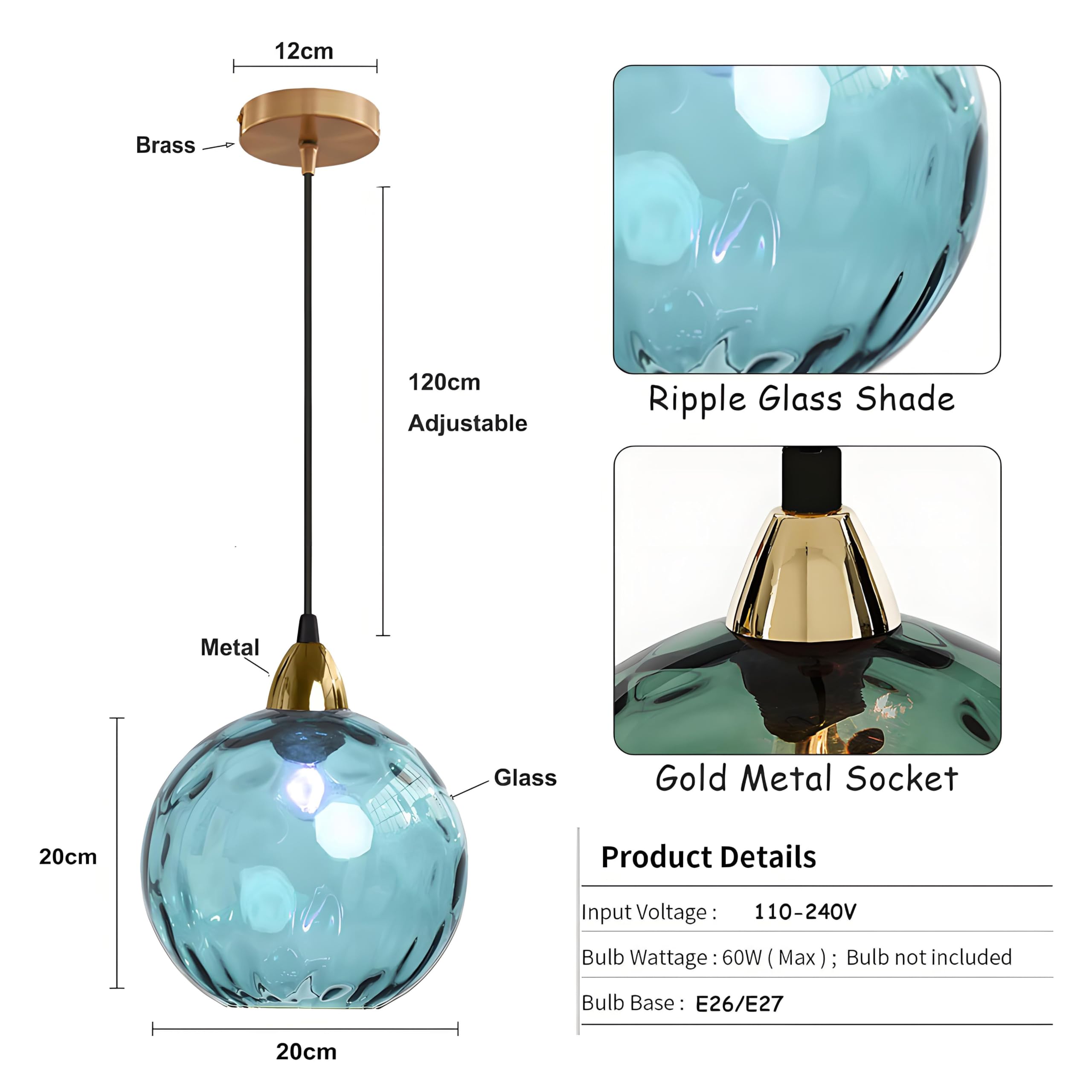 20cm Lampada a Sospensione Sferica in Vetro Industriale D'epoca, Lampadario da Soffitto E27, Finitura Oro e Paralume in Vetro Ondulato, Plafoniera Per Sala da Pranzo (Blu azzurro, 20cm)