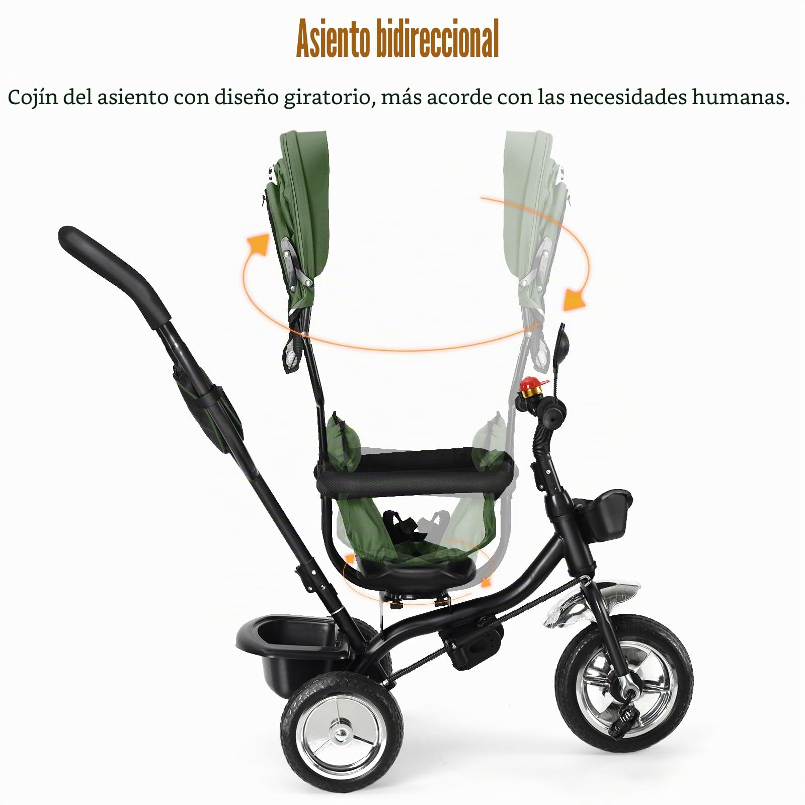 OHMG Triciclo bebé evolutivo 5 en 1 bicicleta. Silla de paseo con mango de empuje, toldo desmontable, cinturón de seguridad de 5 puntos, almacenamiento, reposapiés, freno, para niños de 1 a 5 años