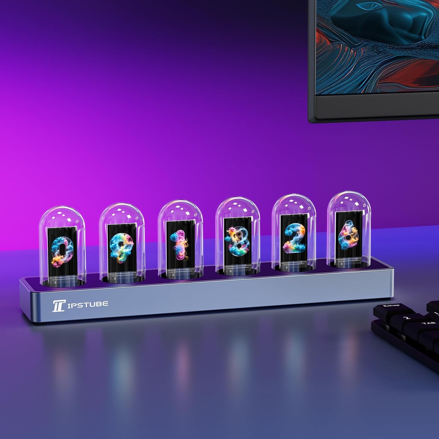 IPSTUBE Nixie Tube Clock, Neon Glow Tube Clock, Digital Photo Upload, Mobile App Control, Display for Time, Weather, Temperature, Dynamic RGB Lighting, Durable Aluminum Alloy Base