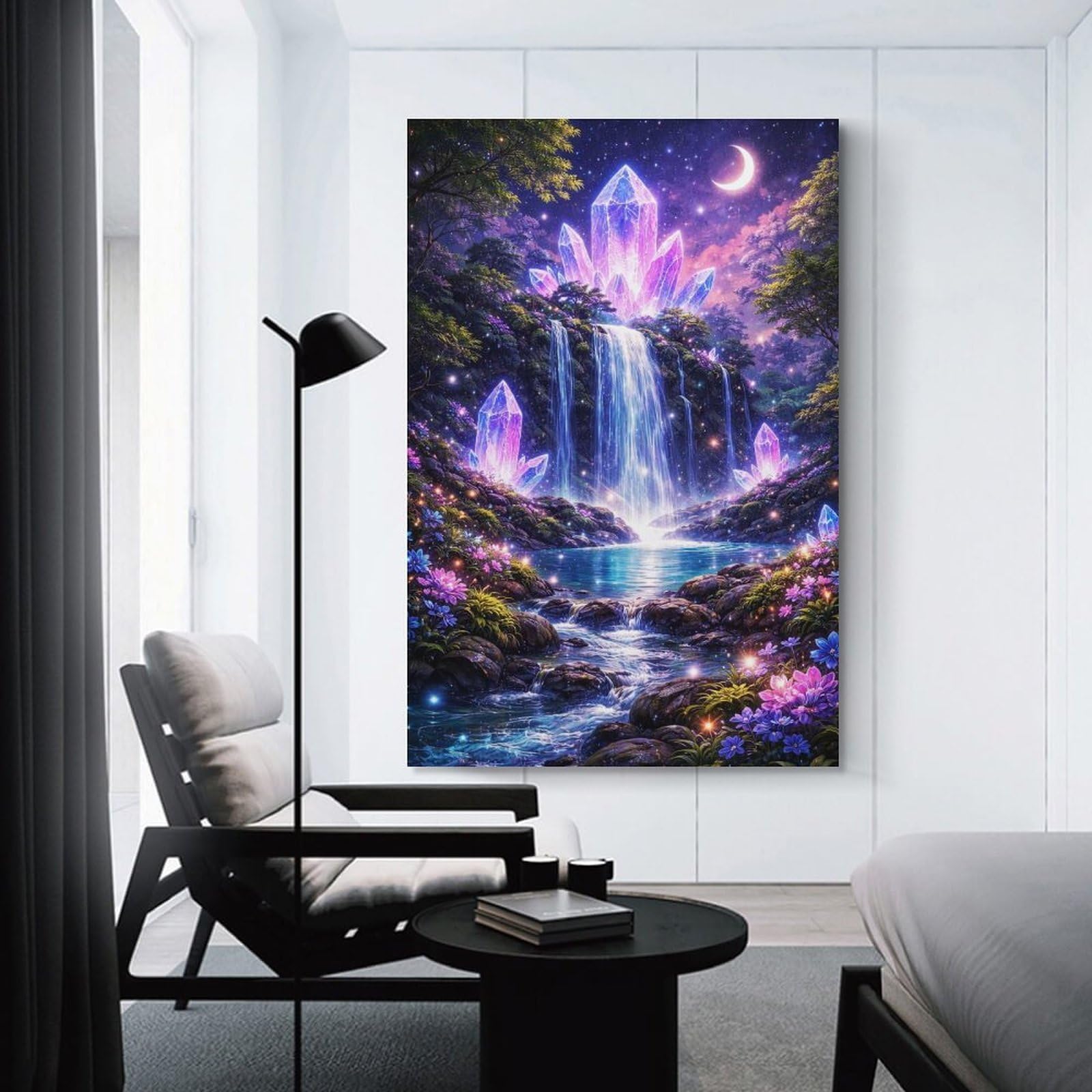 Junmoney Unframe-Style-24 Enchanted Crystal Waterfall At Night Canvas Wall Decor, 20X30inch(50X75cm), For Flats, Guest Rooms Or Compact Rooms, Decorative Canvas Decor For Home Updates